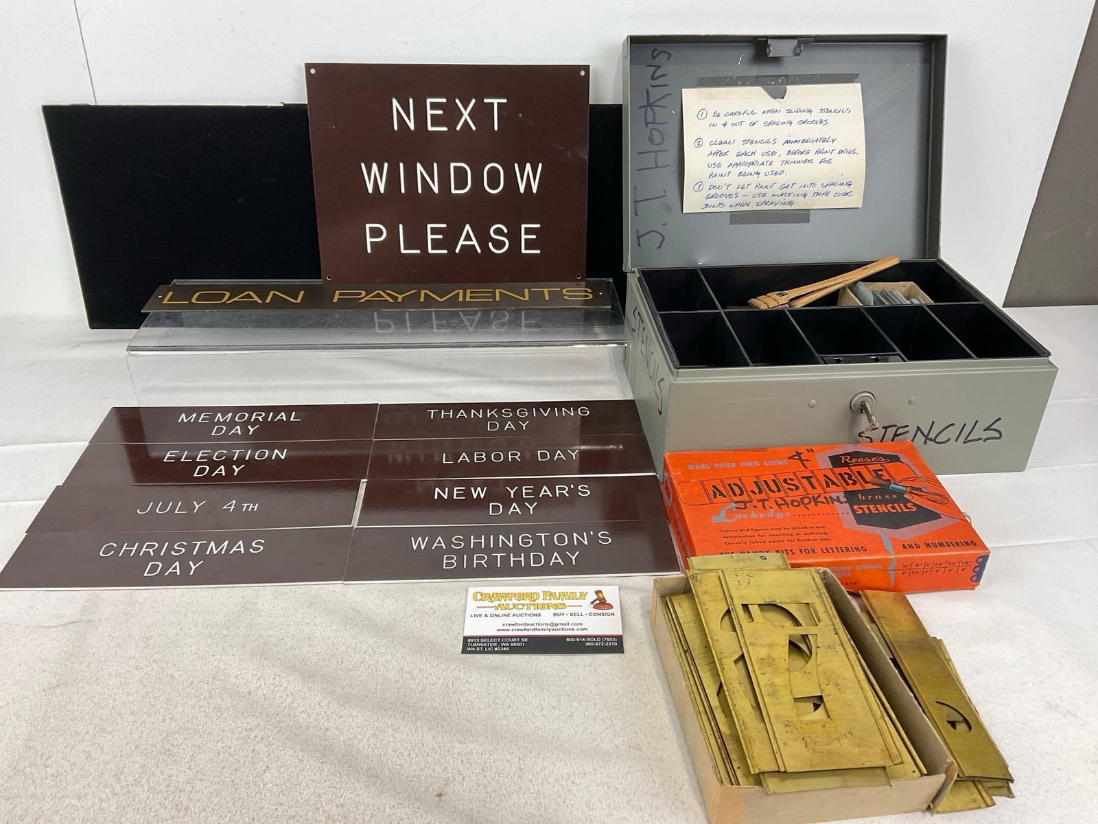 Bank Plaques, Holidays & Brass Stencil Plates w/Metal Locking Cash Box: Appears to be in good shape. The piece measures approx 6h x 16w x 9d inches. See pics. E-5360