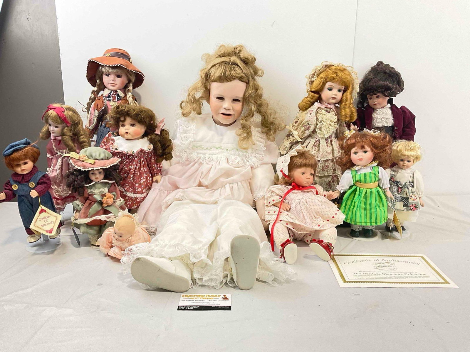 12 pcs Vintage Porcelain & Cloth Dolls, incl. "Jory" An Original By Rosemary Rhodes. See pics. (1 of 10)