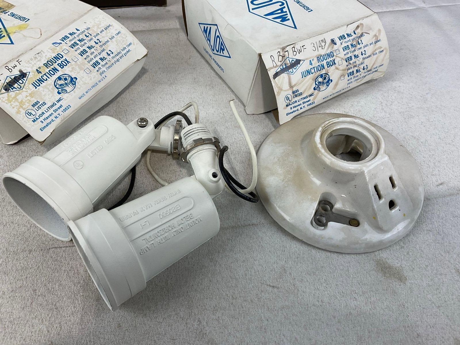Vintage Assorted Porcelain Electric Fixtures, Aluminum Ceiling Lamp LNIB, w/boxes - 3