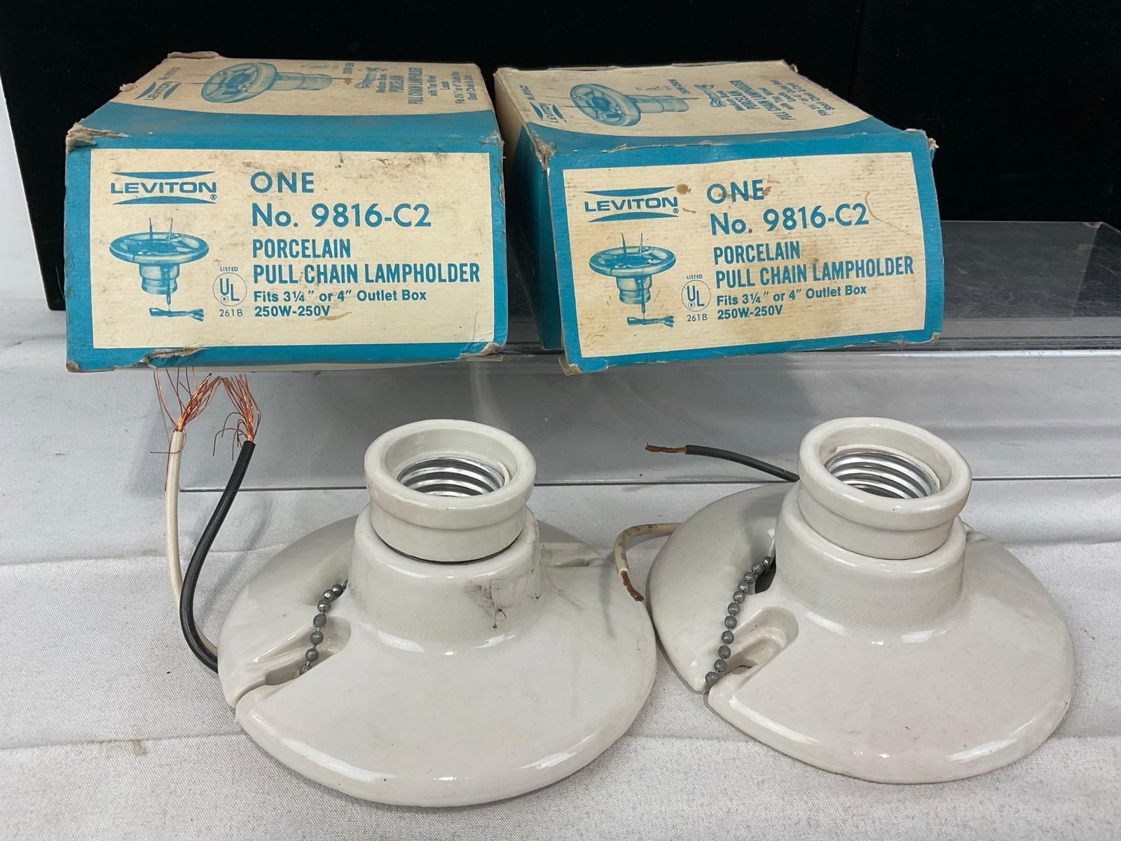 Vintage Assorted Porcelain Electric Fixtures, Aluminum Ceiling Lamp LNIB, w/boxes - 6