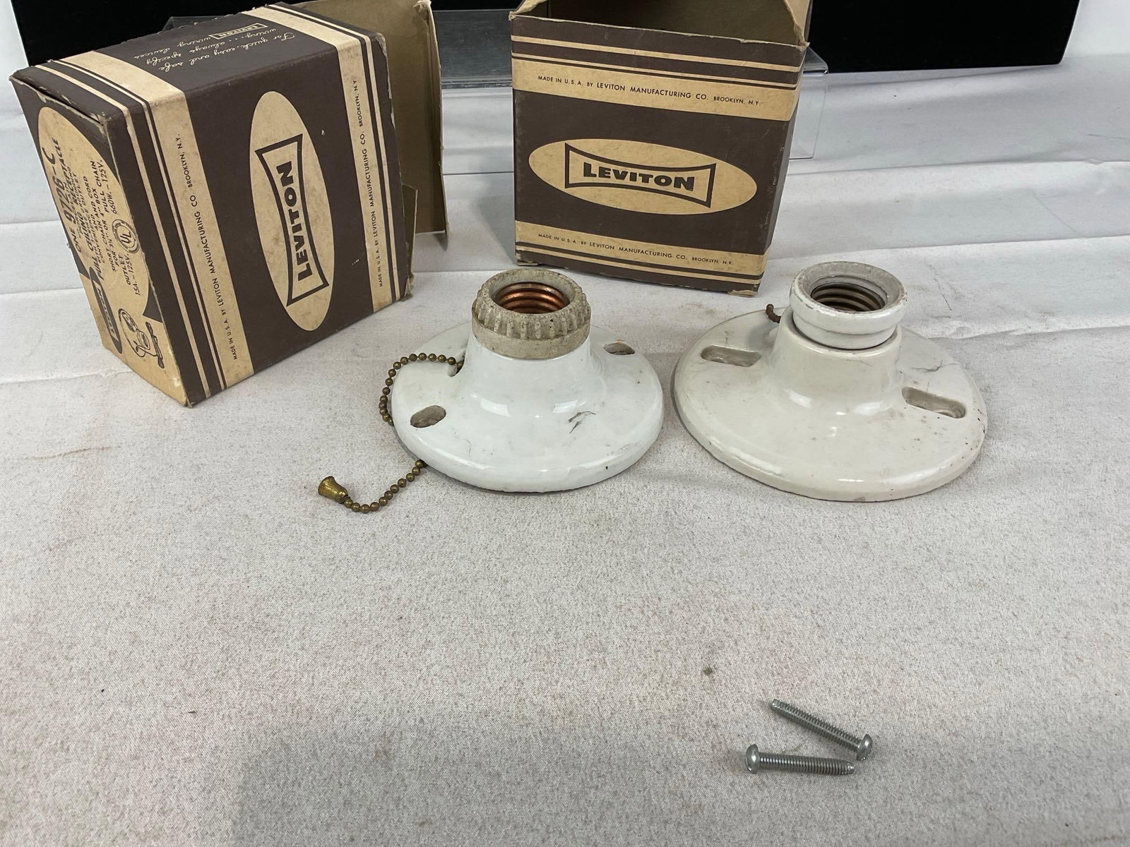 Vintage Assorted Porcelain Electric Fixtures, Aluminum Ceiling Lamp LNIB, w/boxes - 8