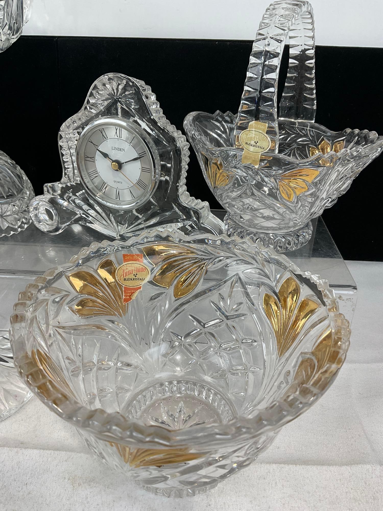 Assorted Crystal, Chicken Figure, Footed Compote, Basket & Vase, Mantel Clock, & Decanter - 2