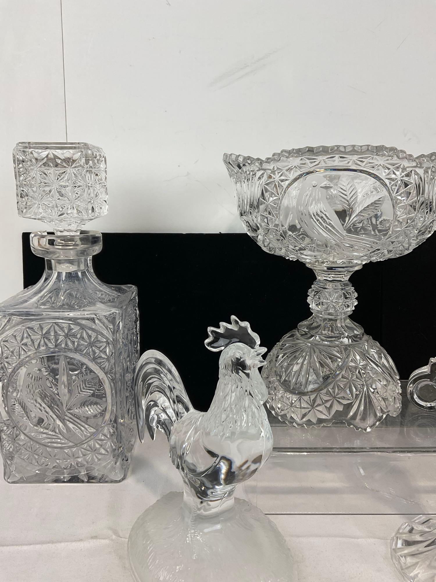 Assorted Crystal, Chicken Figure, Footed Compote, Basket & Vase, Mantel Clock, & Decanter - 3