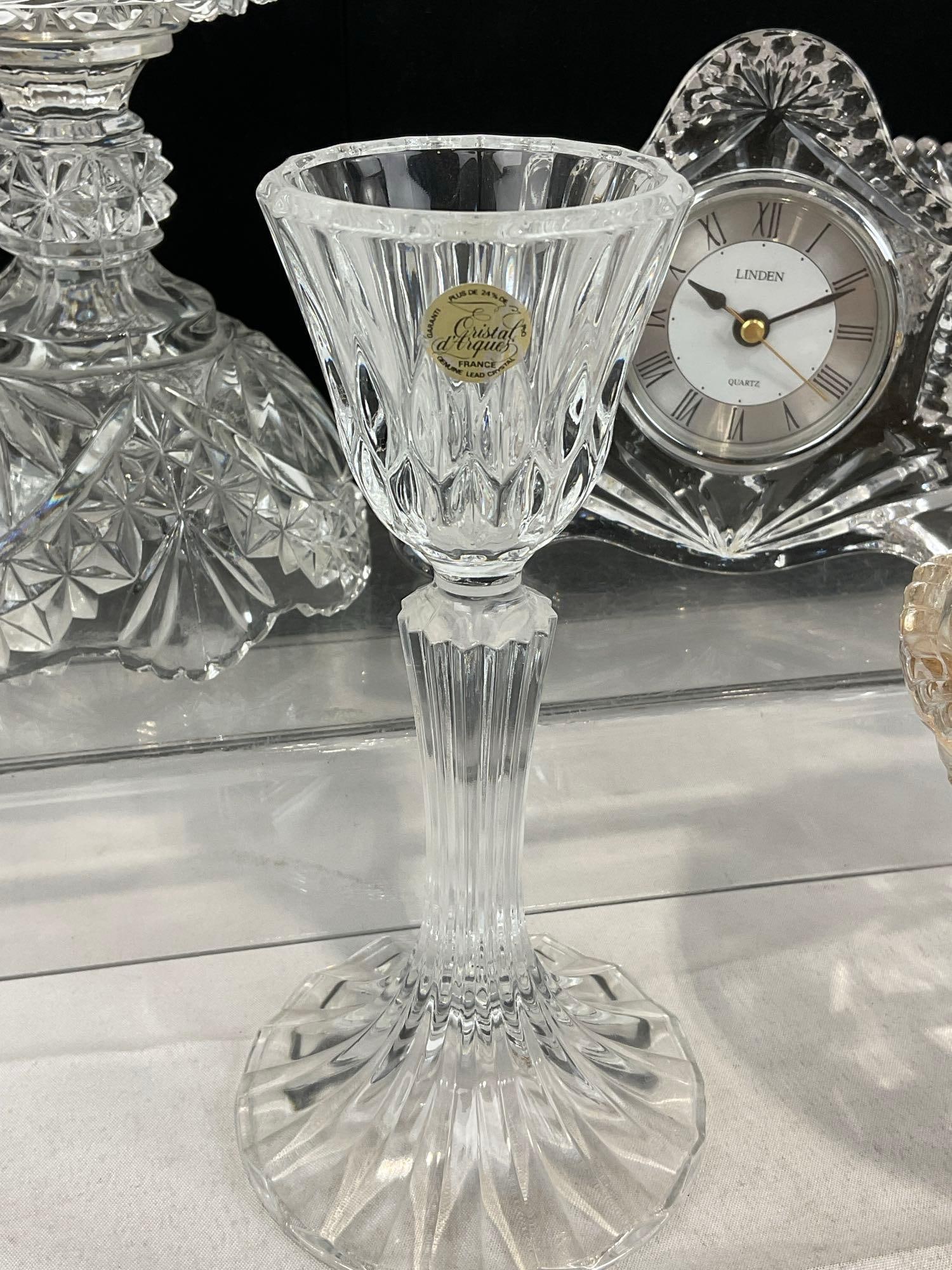 Assorted Crystal, Chicken Figure, Footed Compote, Basket & Vase, Mantel Clock, & Decanter - 4