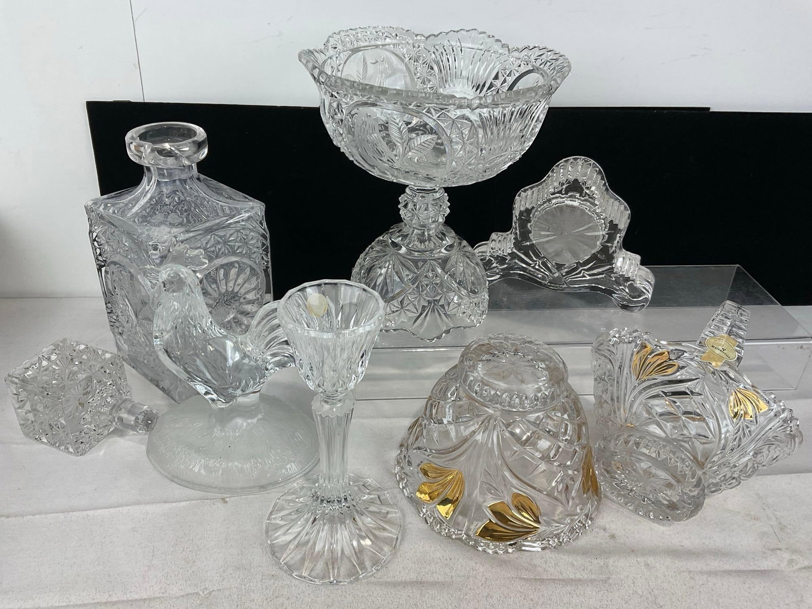 Assorted Crystal, Chicken Figure, Footed Compote, Basket & Vase, Mantel Clock, & Decanter - 5