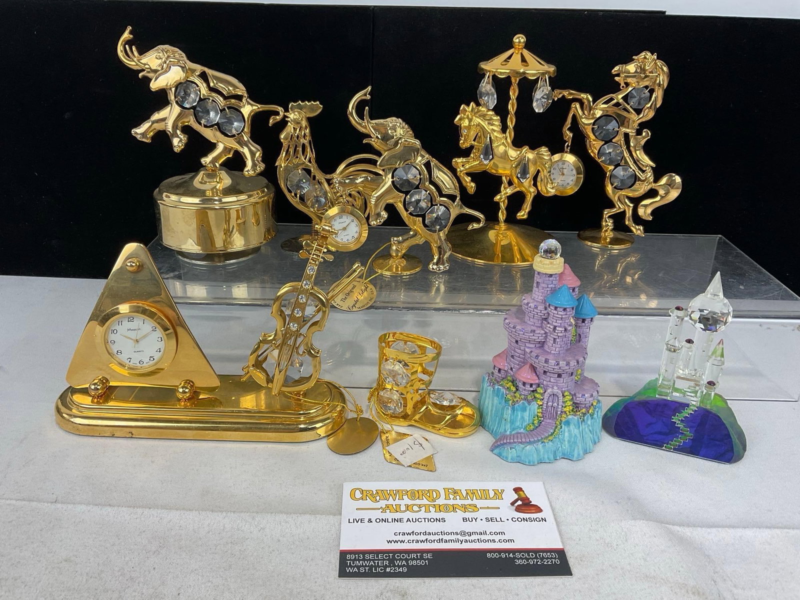 Brass & Crystal Prisms Animal Figures, Elephant, Rooster, Horse, Boot, Violin, 2 Spoontiques pieces: Appears to be in good shape. The piece measures approx 5h x 11w x 8d inches. See pics. E-5360