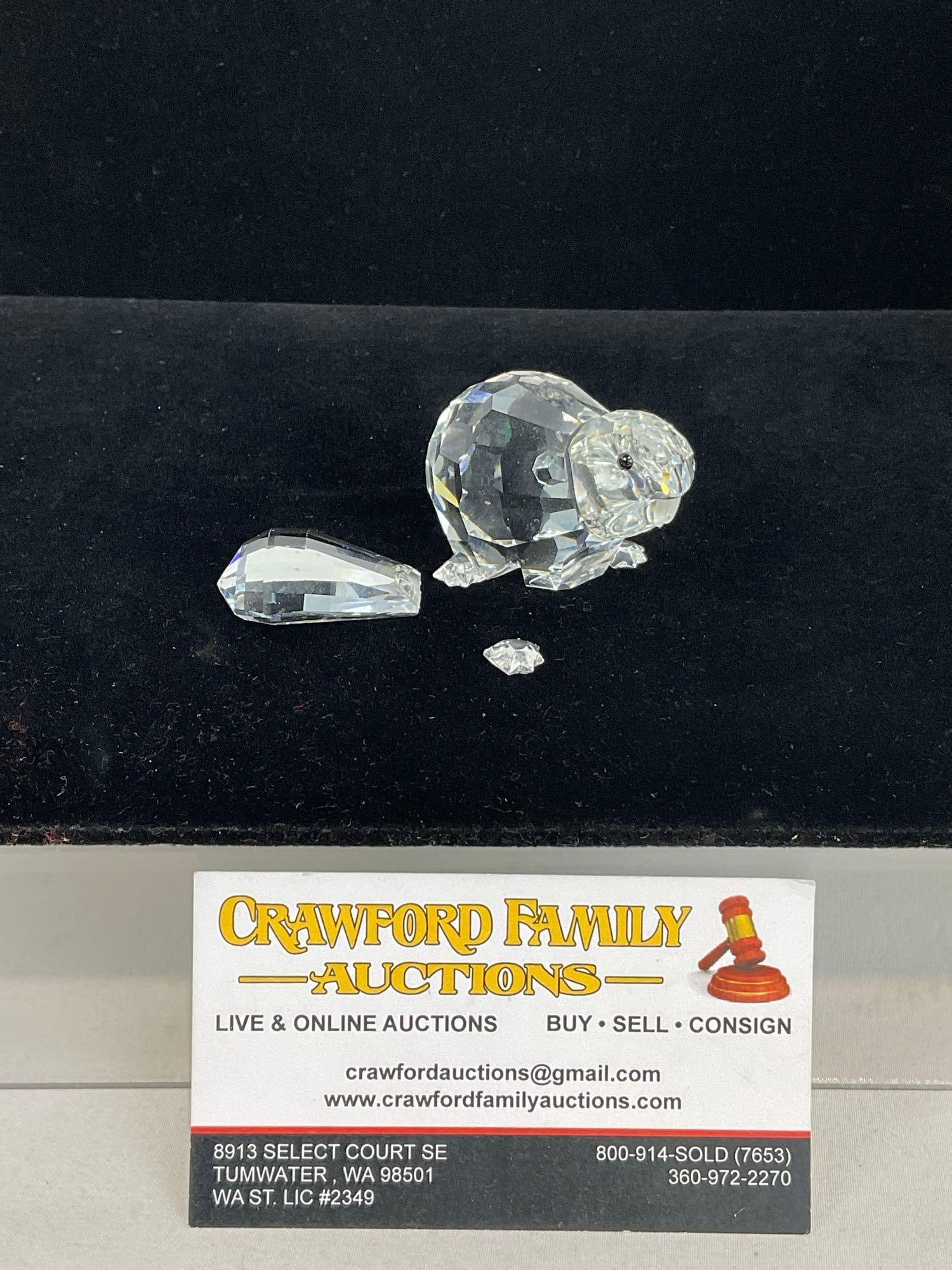 Swarovski Crystal Beaver Figure, in original box, some wear, could be repaired: Previously sold for 168.00 dollars. Appears to be in fair to good shape. The piece measures approx 6h x 5w x 5d inches. See pics. E-414
