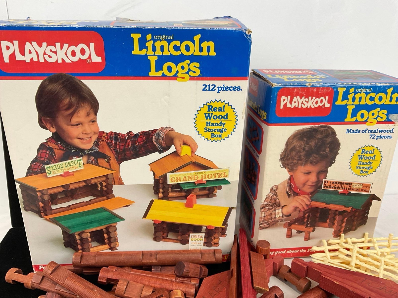 Assorted Playskool Lincoln Logs, w/ 2 original boxes, Logs, Signs, Braces & slats - 2
