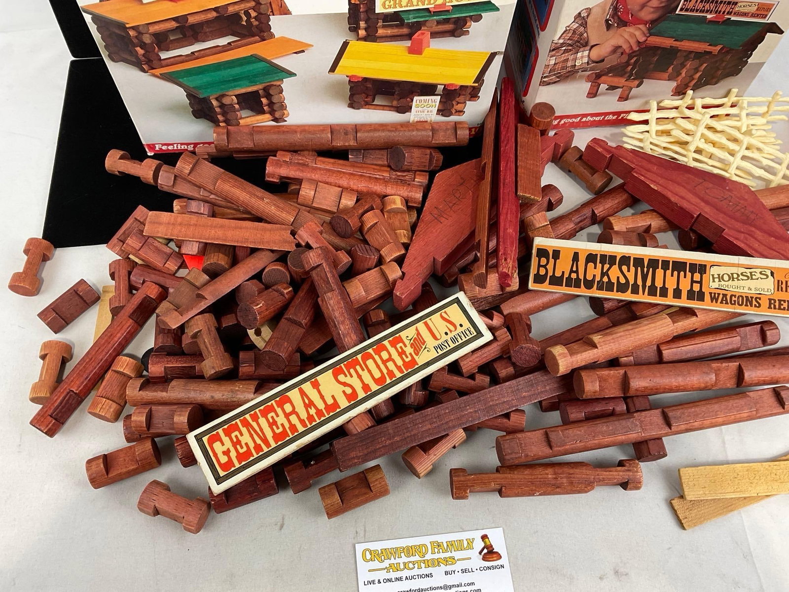 Assorted Playskool Lincoln Logs, w/ 2 original boxes, Logs, Signs, Braces & slats - 3