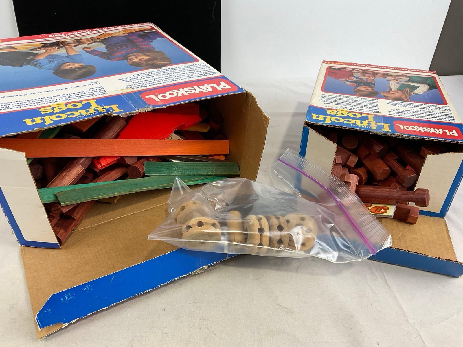Assorted Playskool Lincoln Logs, w/ 2 original boxes, Logs, Signs, Braces & slats - 4