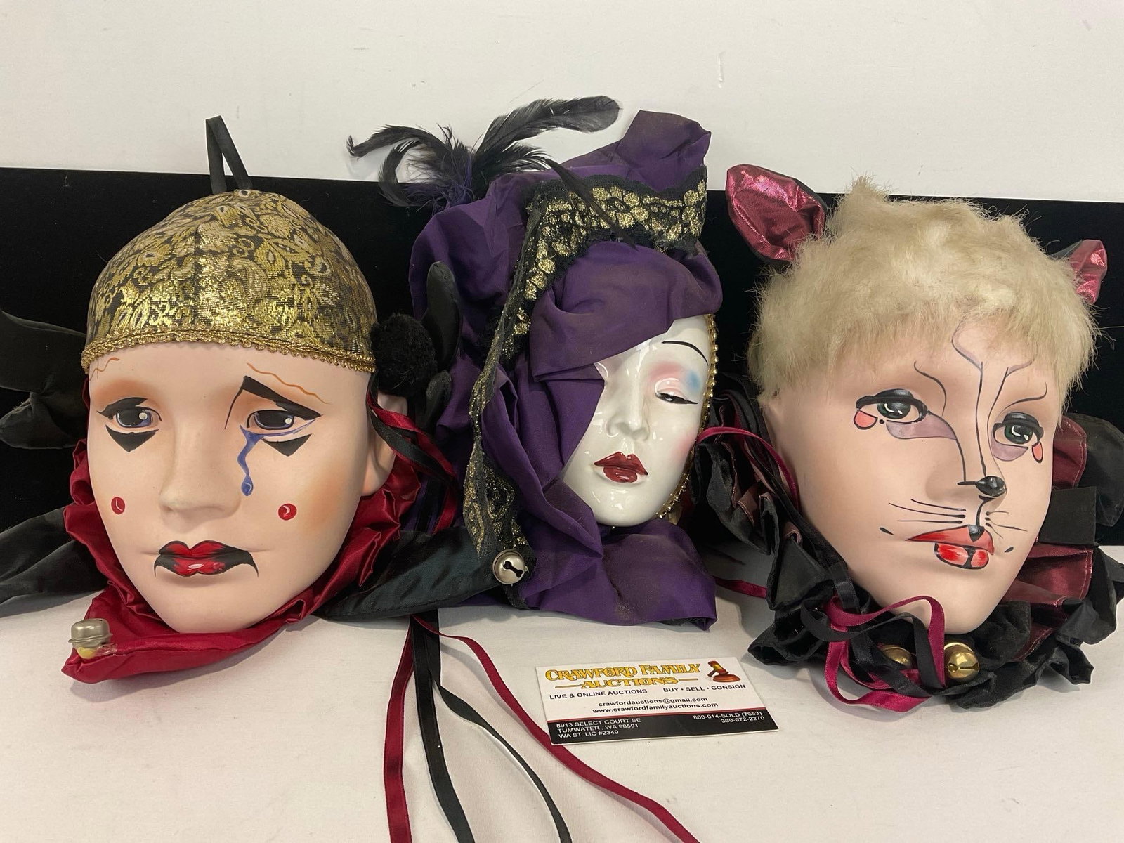 3 Mardi Gras Painted Mask Wall Hangings, Unique Design: Appears to be in good shape. The masks measure approx 9h x 15w x 9d inches. See pics. E-414