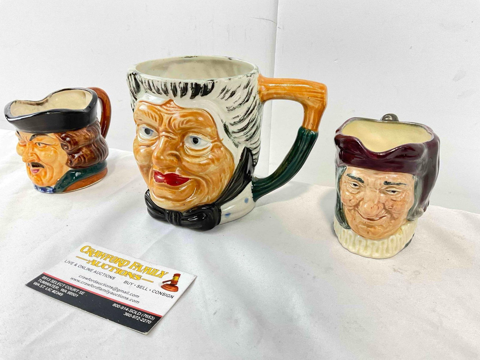 3 pcs Vintage Ceramic Toby Character Mugs, 2x Japanese & 1x Royal Doulton - 3