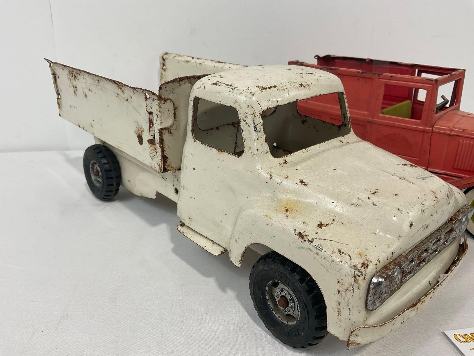 Pair of Vintage Buddy L Diecast Car Toys, Ol Buddys Pie Wagon, missing roof & White Dump Truck - 2