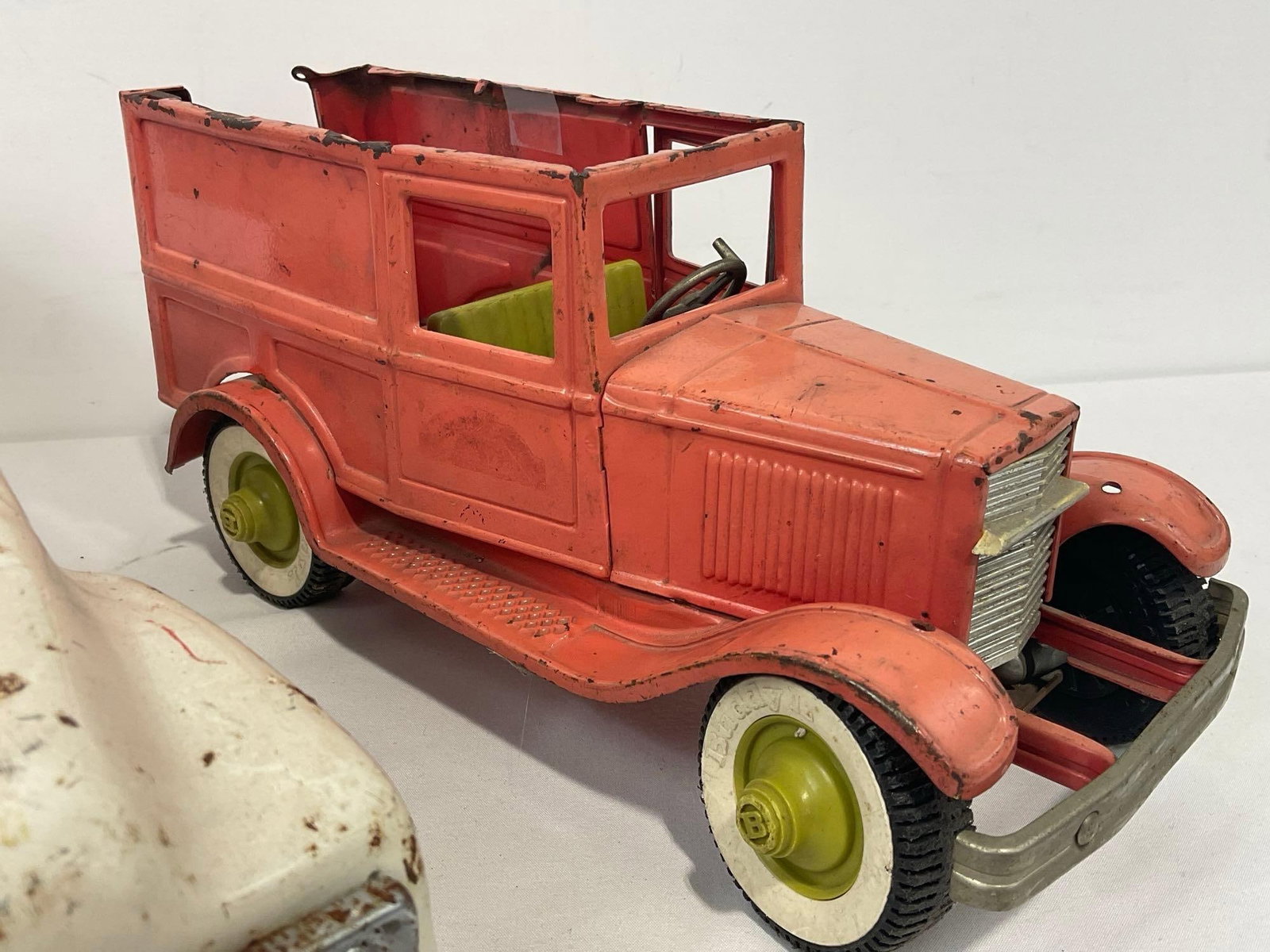Pair of Vintage Buddy L Diecast Car Toys, Ol Buddys Pie Wagon, missing roof & White Dump Truck - 3