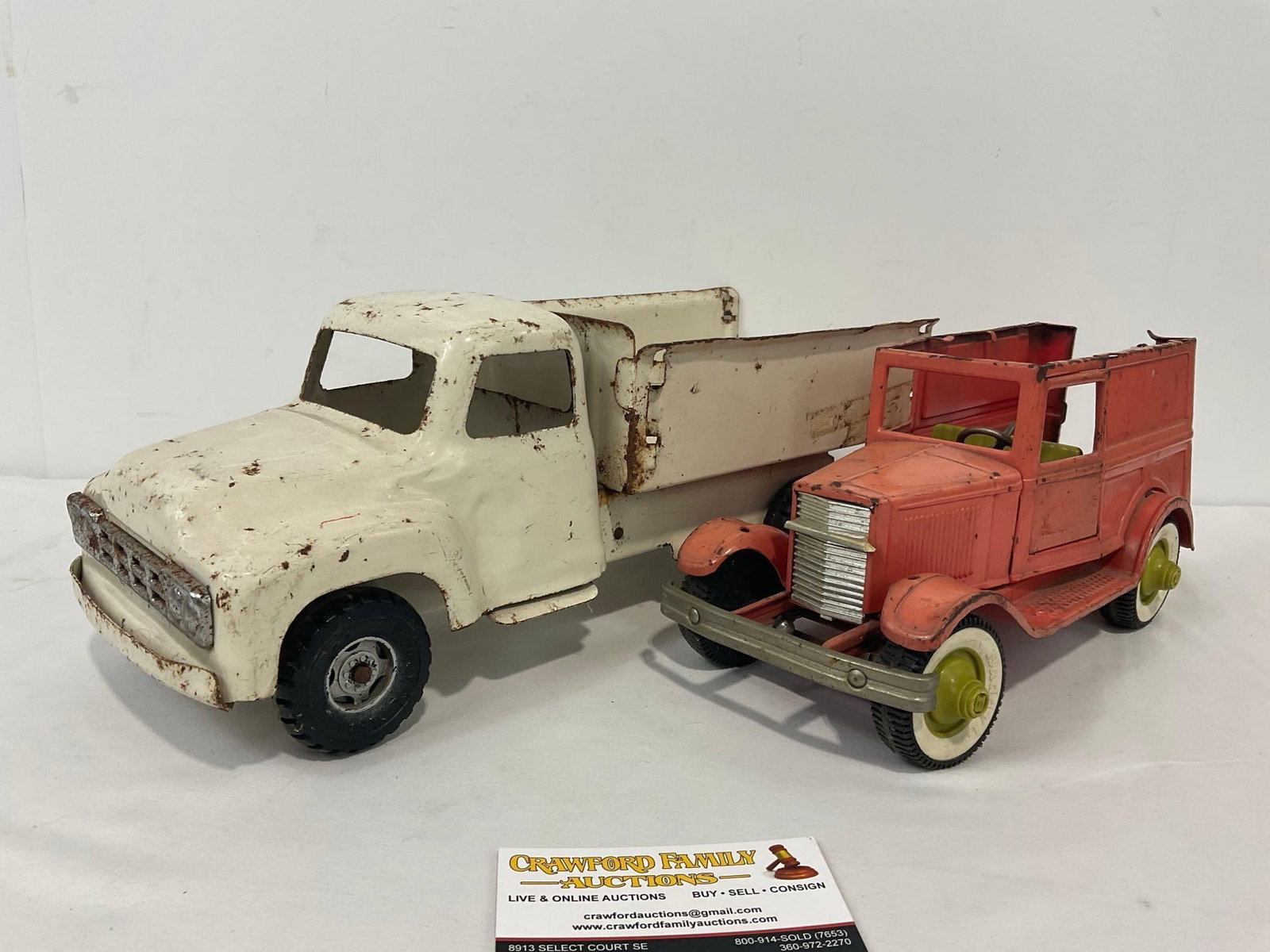 Pair of Vintage Buddy L Diecast Car Toys, Ol Buddys Pie Wagon, missing roof & White Dump Truck - 4