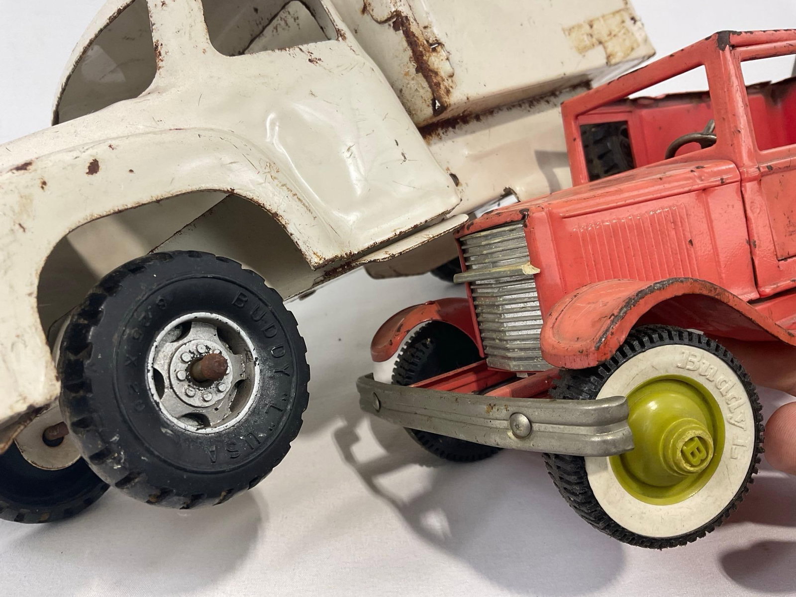 Pair of Vintage Buddy L Diecast Car Toys, Ol Buddys Pie Wagon, missing roof & White Dump Truck - 5