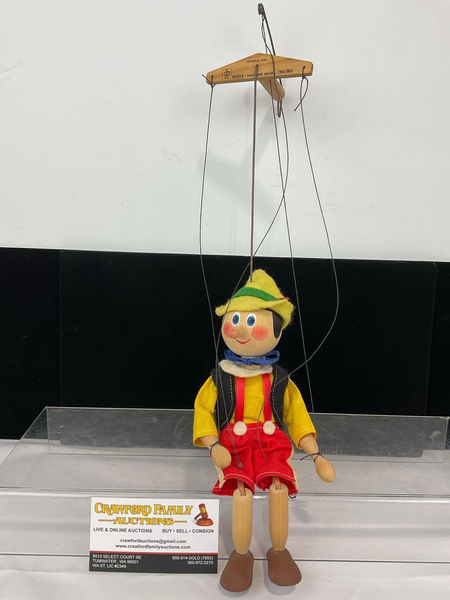 Vintage Masek Wooden Handmade Pinocchio Puppet, 19h x 5w x 5d inches: Appears to be in good shape. The piece measures approx 19h x 5w x 5d inches. See pics. E-414