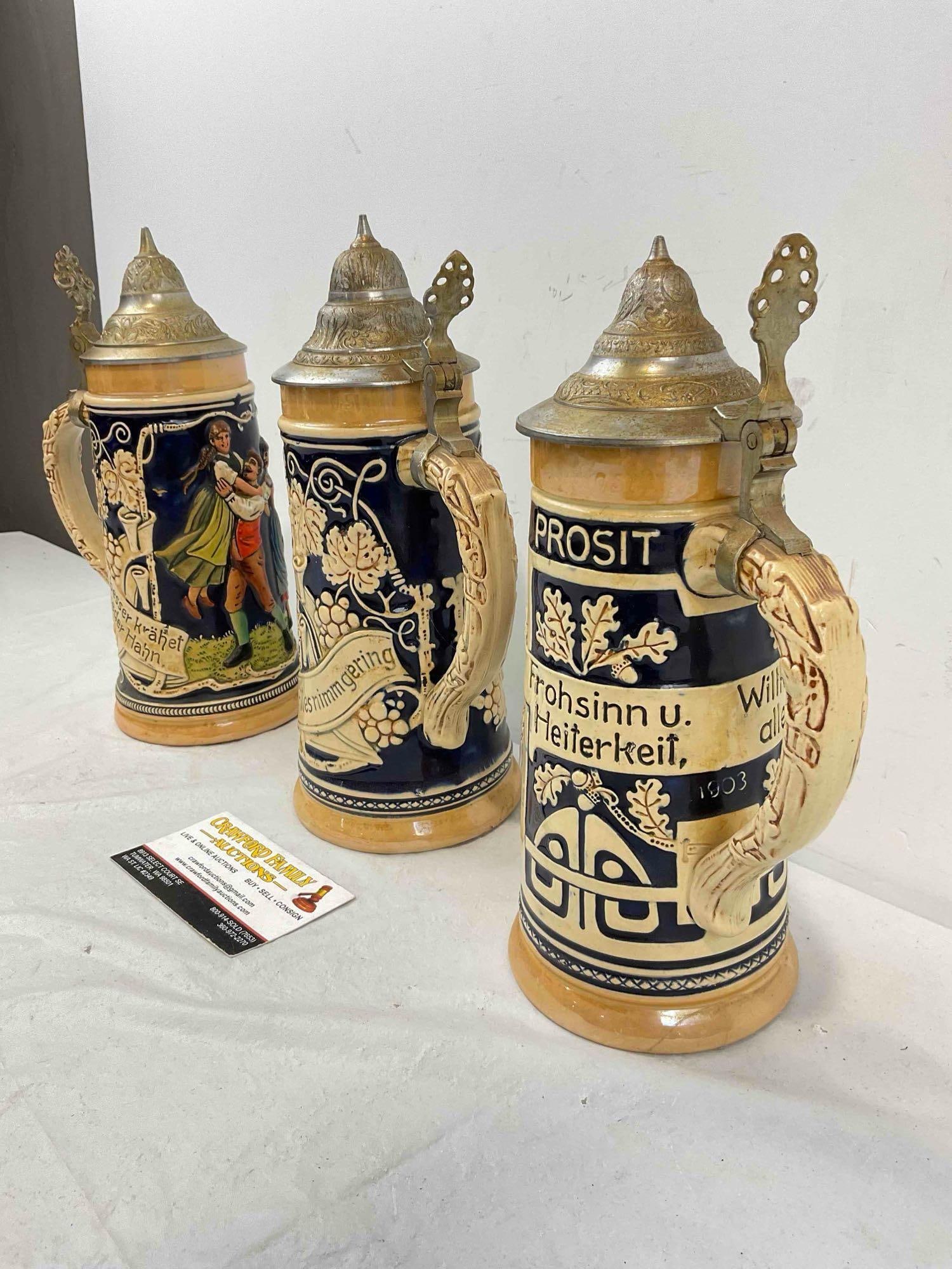 3 pcs Vintage German Ceramic Souvenir Beer Steins, Cobalt Blue glaze - 2