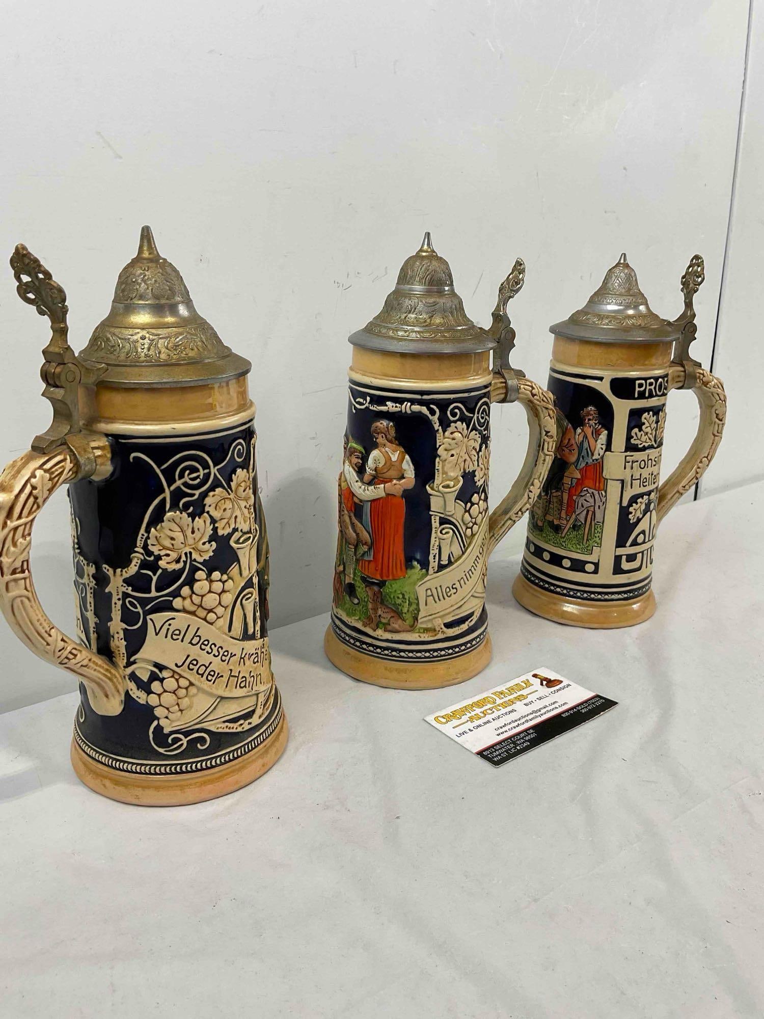 3 pcs Vintage German Ceramic Souvenir Beer Steins, Cobalt Blue glaze - 3