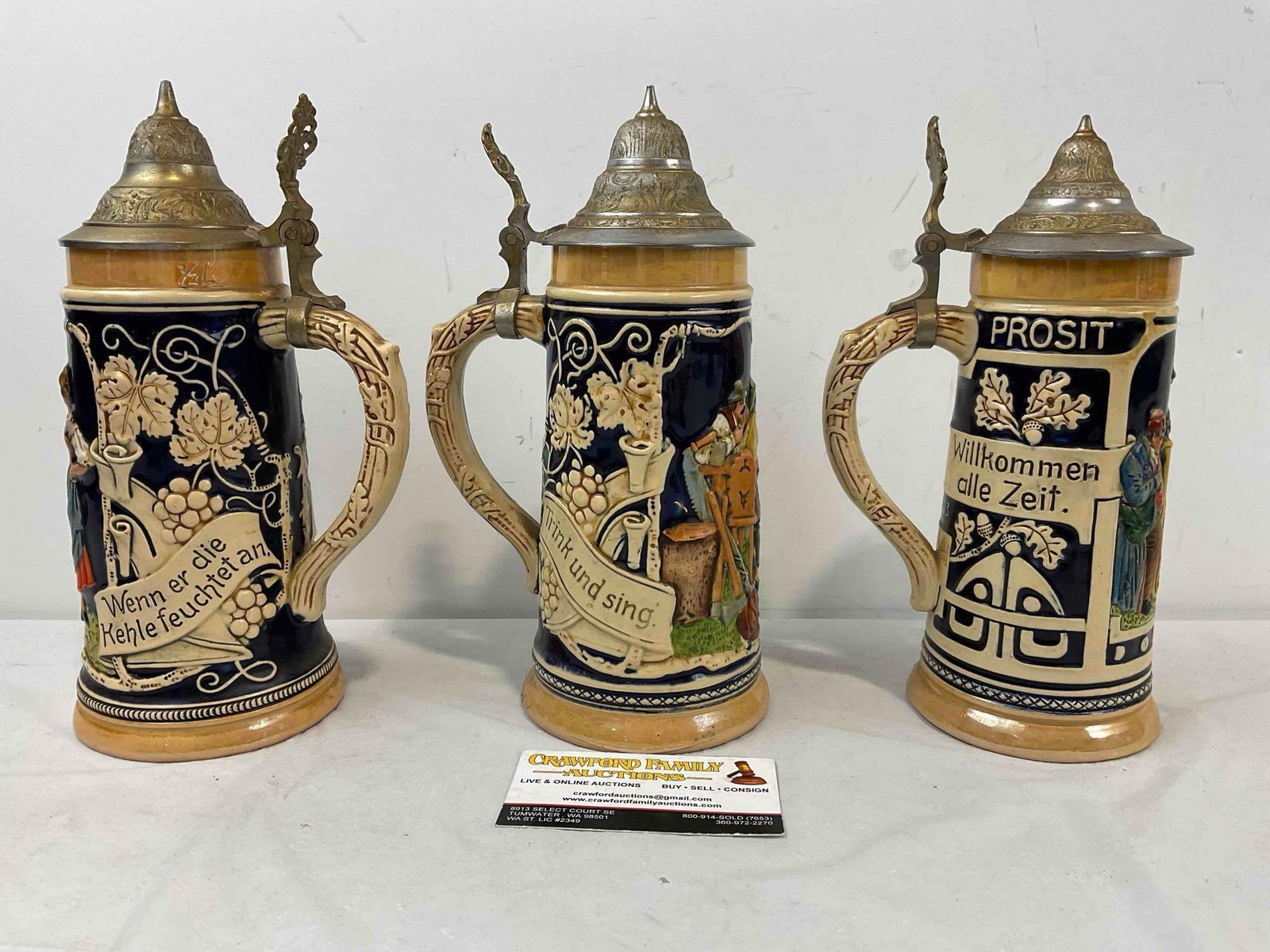 3 pcs Vintage German Ceramic Souvenir Beer Steins, Cobalt Blue glaze - 4