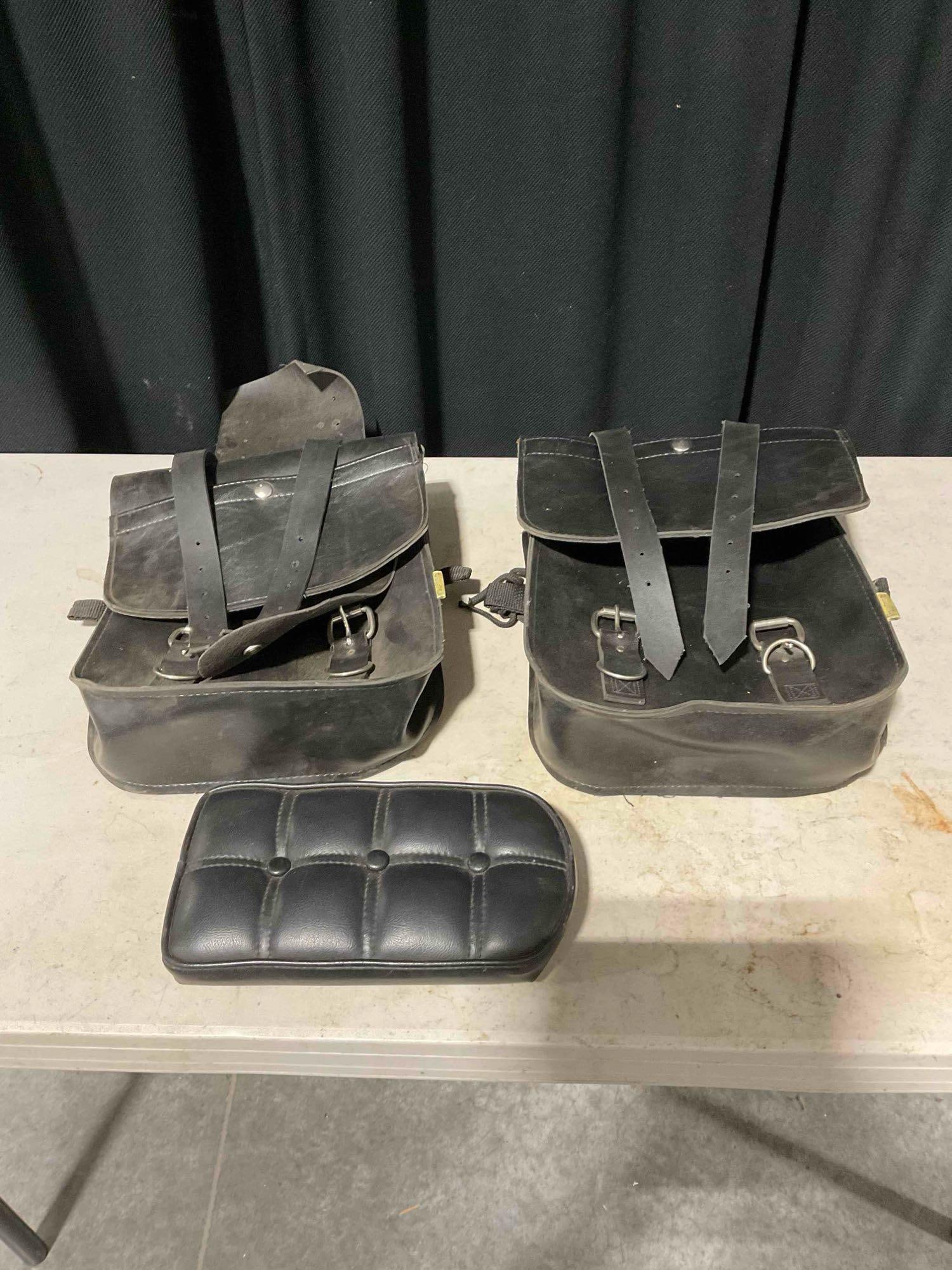Pair of Willie and Max Brand Leather Saddlebags & Small Leather Seat: Lots are in good condition but may need a light cleaning and oil. Measures approx 13h x 17w x 11d inches. See pics. E-414
