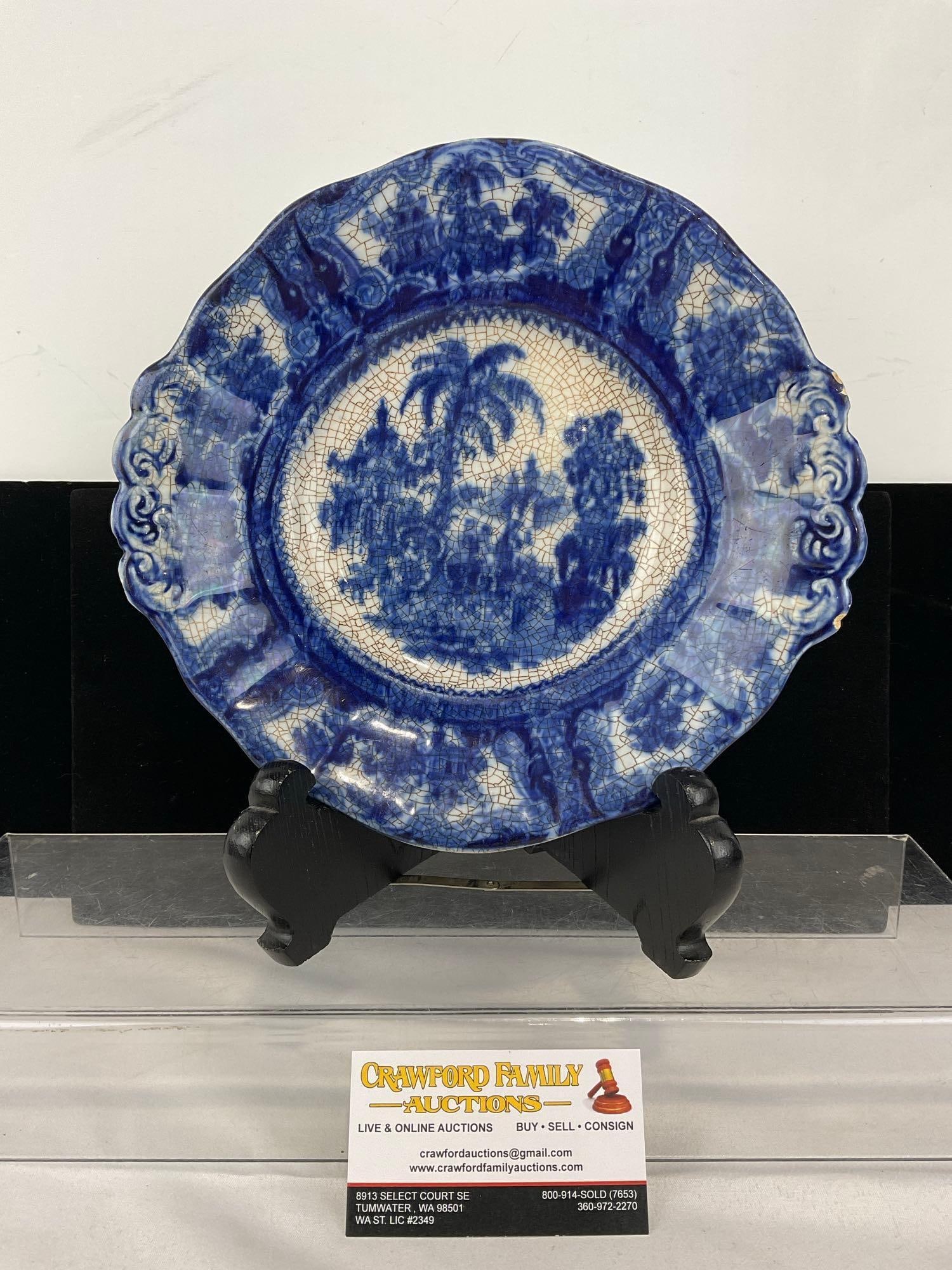 Antique W. Adams & Co. Kyber Pattern Flow Blue Plate, Ironstone Transferware, 2h x 11w x 10d inches: Appears to be in fair to good shape, heavily crazed, and has a couple chips on the back of the rim. The piece measures approx 2h x 11w x 10d inches. See pics. E-5520