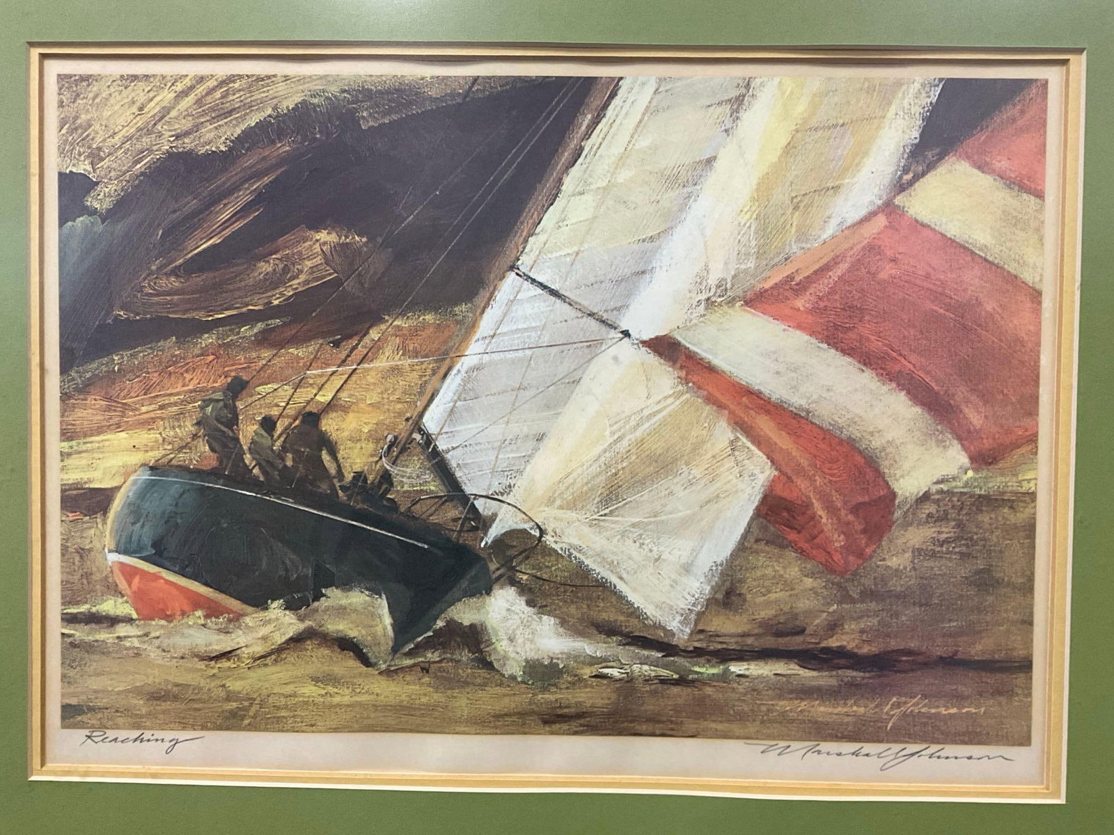 Framed Signed Litho titled Reaching by Marshal Johnson, 21h x 24w x 3d inches: Appears to be in good shape. The piece measures approx 21h x 24w x 3d inches. See pics. E-5600