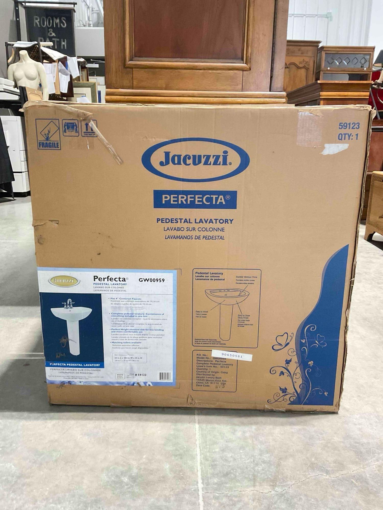 Jacuzzi Perfecta White China Pedestal Lavatory Sink in Original Box. Good Condition. See pics. - 2