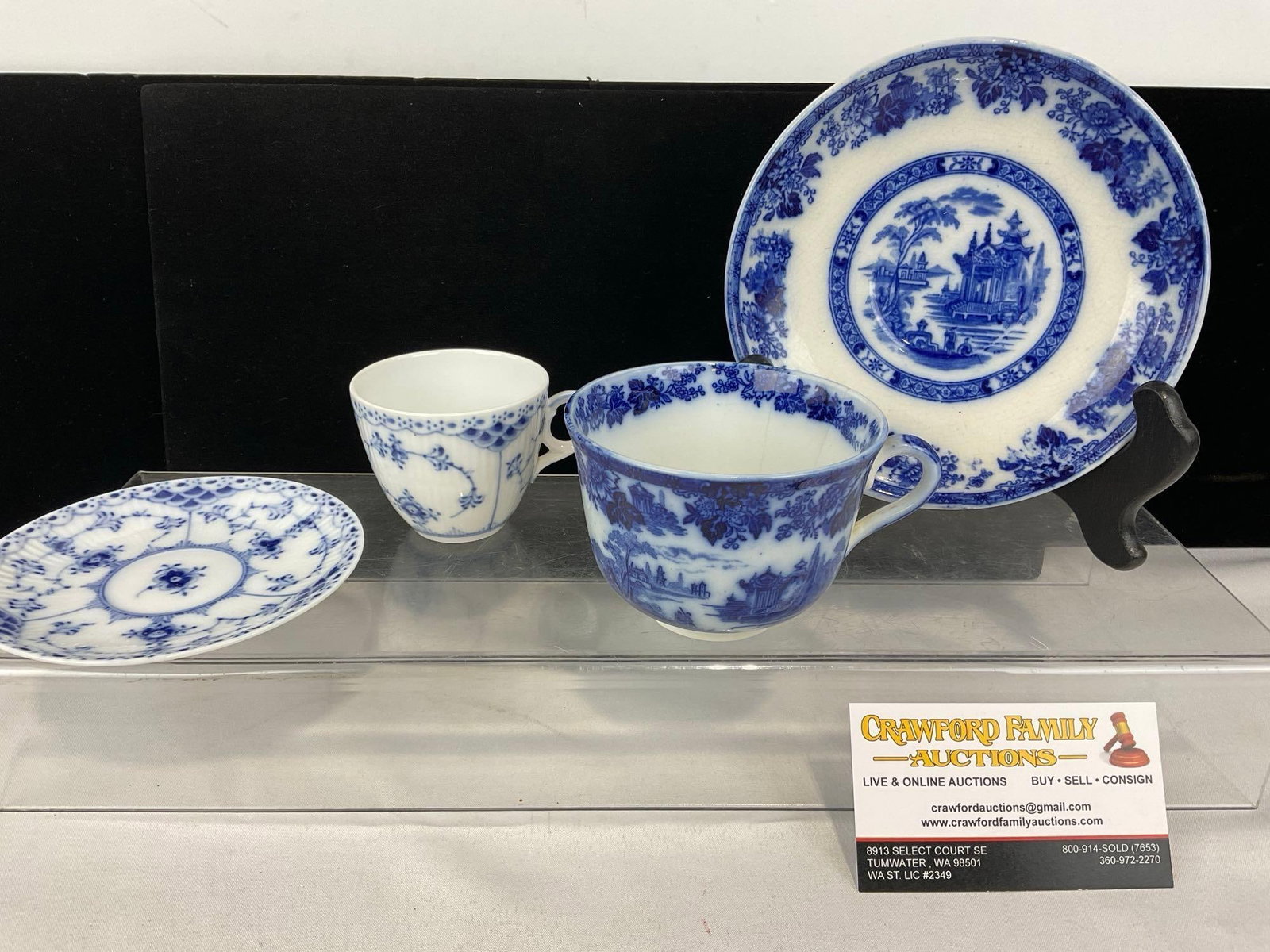 2 Cup & Saucers, Royal Copenhagen Demitasse Size & Royal Doulton full size, 5h x 6w x 6d inches: Appears to be in good shape. The piece measures approx 5h x 6w x 6d inches. See pics. E-5520