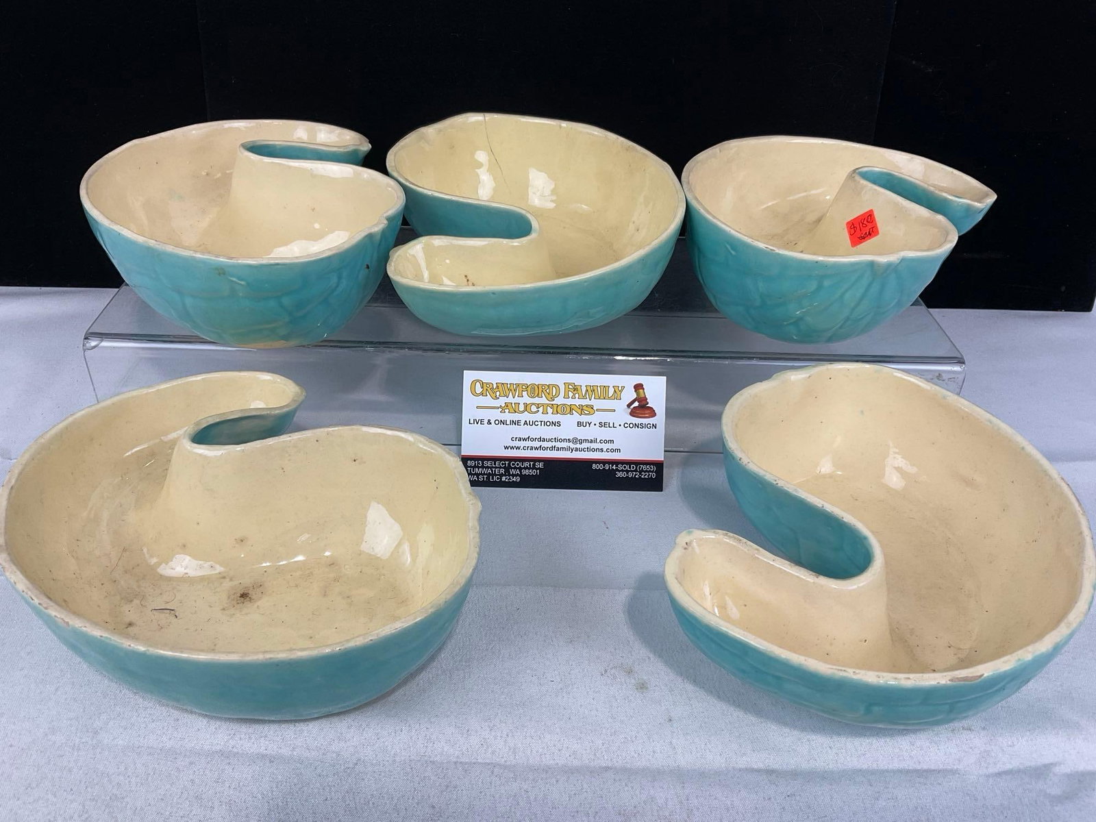 5 Blue Glazed MC Gourd Squash Shaped Pottery Bowls, Unique Shape, 7h x 7w x 8d inches: Previously listed for 180 dollars. Appears to be in good shape. The piece measures approx 7h x 7w x 8d inches. See pics. E-5720