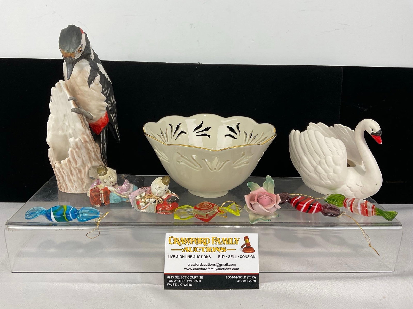 Goebel Great Spotted Woodpeck & Swan Figures, Lenox Bowl, & Glass Candy pieces & more: Appears to be in good shape. The piece measures approx 6h x 8w x 8d inches. See pics. E-5520