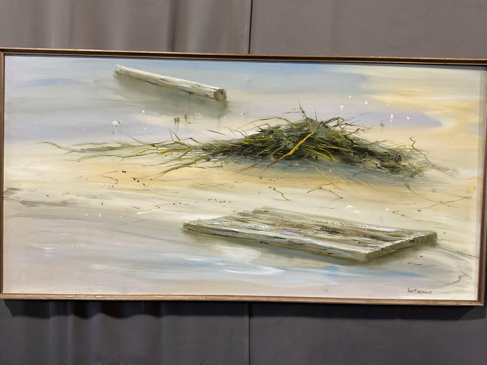 Framed Large Oil on Canvas, Beach Scene by James Eichelberger, 26h x 50w x 3d inches: Appears to be in good shape. The piece measures approx 26h x 50w x 3d inches. See pics. E-5600 *Freight Required if shipped, Buyer Arranged/Responsibility*