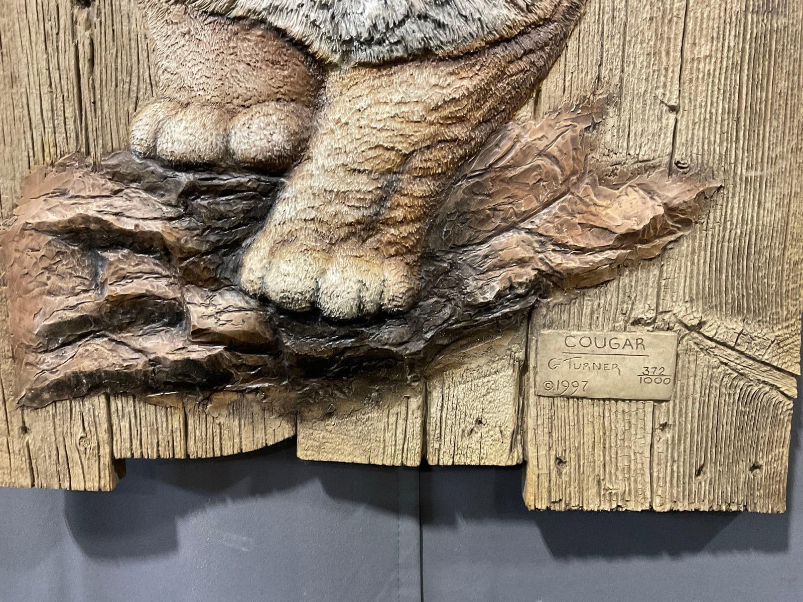 Resin 3d Art Wall Hanging signed & #d 372/1000 titled Cougar by G Turner, 1997, 25h x 19w x 4d inch - 3