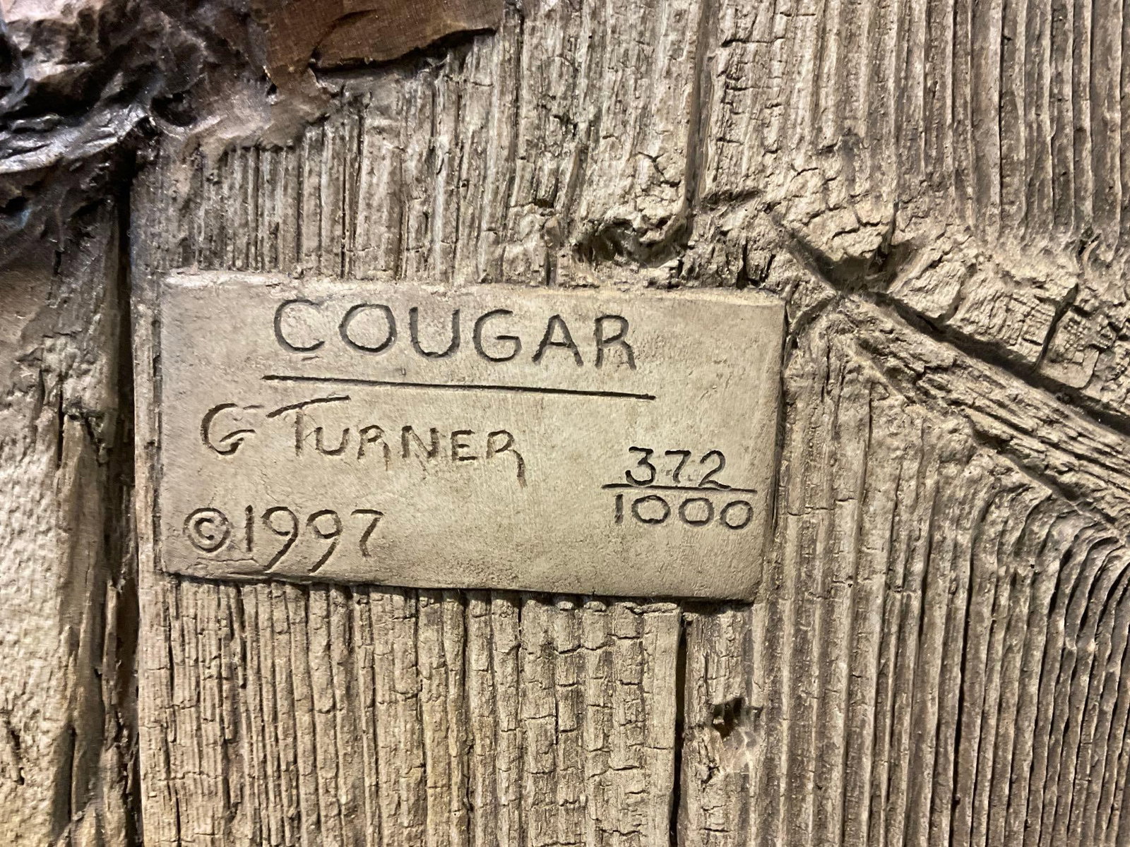 Resin 3d Art Wall Hanging signed & #d 372/1000 titled Cougar by G Turner, 1997, 25h x 19w x 4d inch - 4