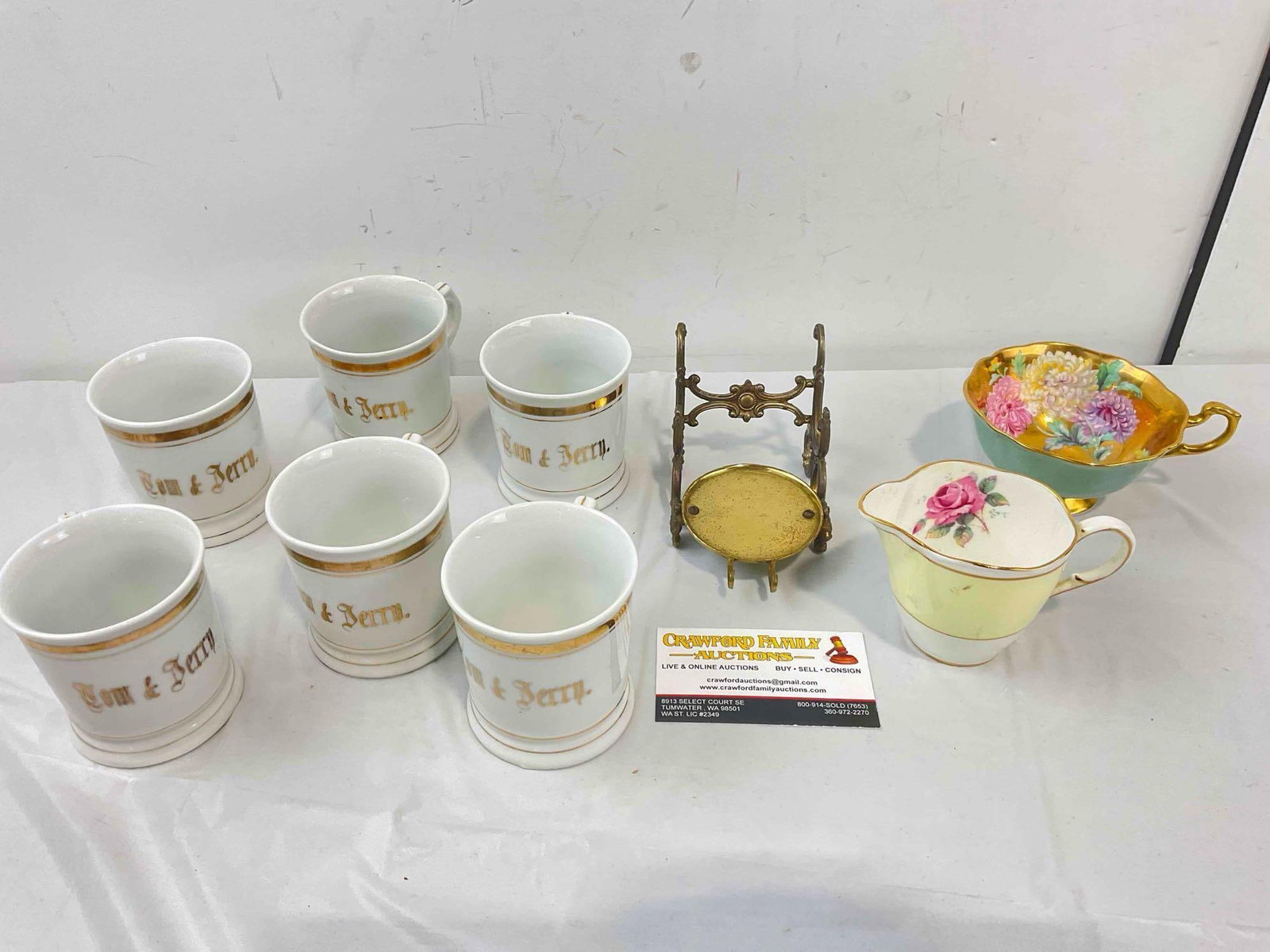 9 pcs Charming Vintage Collection, incl. 6x Ceramic Tom & Jerry Mugs & More! Very Good Cond.: 9 pcs Charming Vintage Collection, incl. 6x Ceramic Tom & Jerry Punch Mugs & Much More! Also includes brass card holder? made in occupied Japan, and two Paragon ceramic pieces, tea cup and cre
