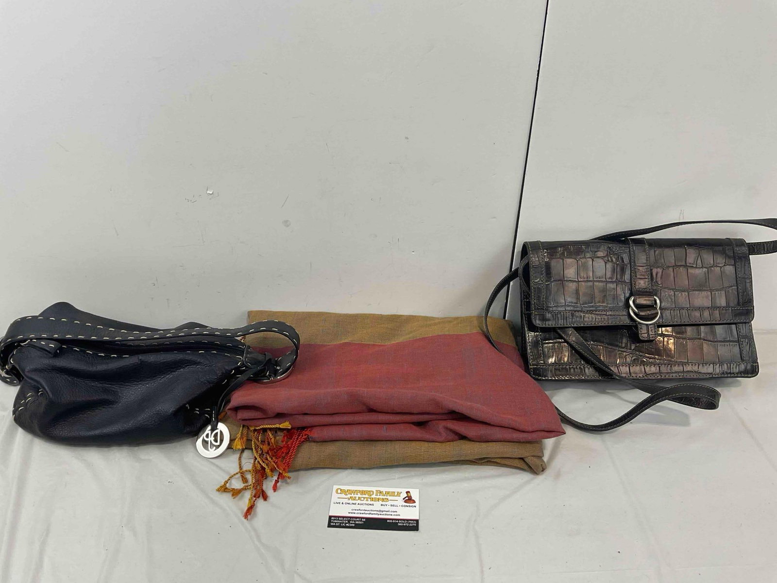 3 pcs Ladies Accessories Assortment, incl. Donald J. Pliner Leather Bag & Silk Blend Scarf.: 3 pcs Ladies Accessories Assortment, incl. Donald J. Pliner Leather Bag, Jones New York leather bag & Neeru Kumar Silk Wool Blend Scarf. Minor wear indicative of age and use, condition is oth