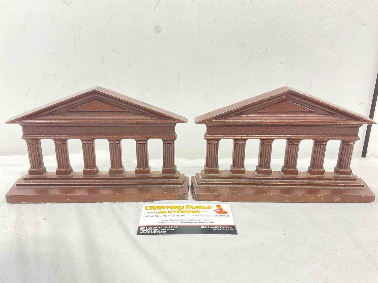 Pair of Vintage Cast Iron w/ Bronze Finish Parthenon Temple Bookends. Excellent Condition.: Pair of Vintage Cast Iron w/ Bronze Finish Parthenon Temple Bookends. Excellent Condition. Minor paint loss, condition is otherwise excellent. Measures 8" x 2" x 5" Dm-5720