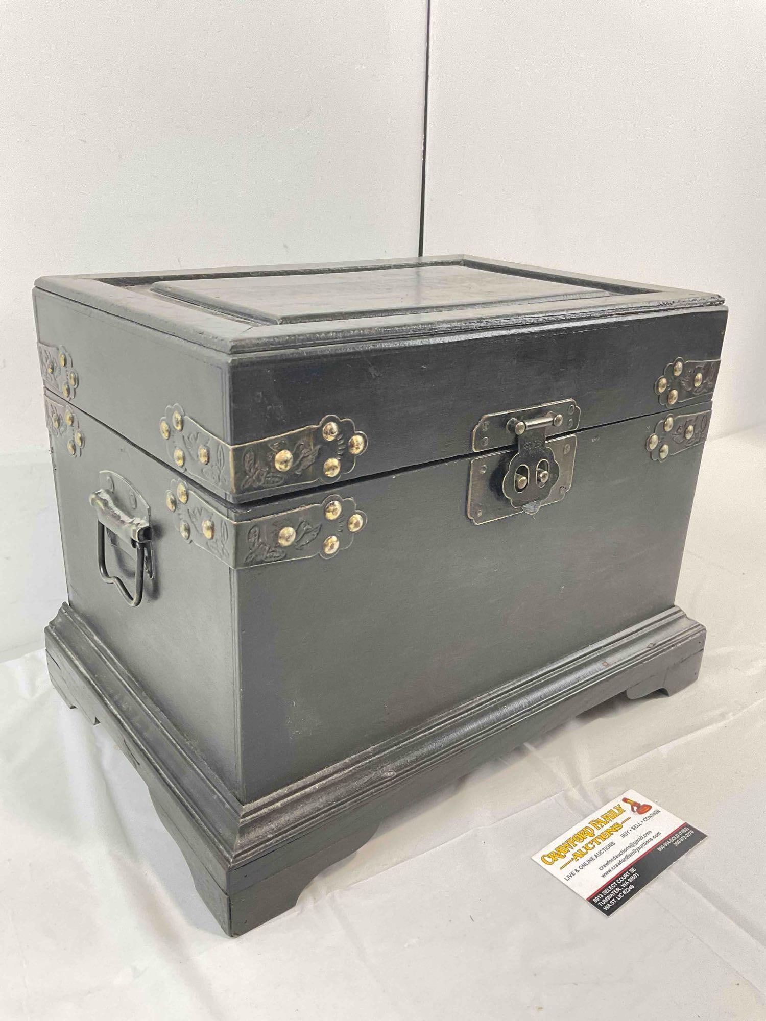 Vintage Asian Style Black Lacquered Wooden Box w/ Metal Accents. Very Good Condition. - 2