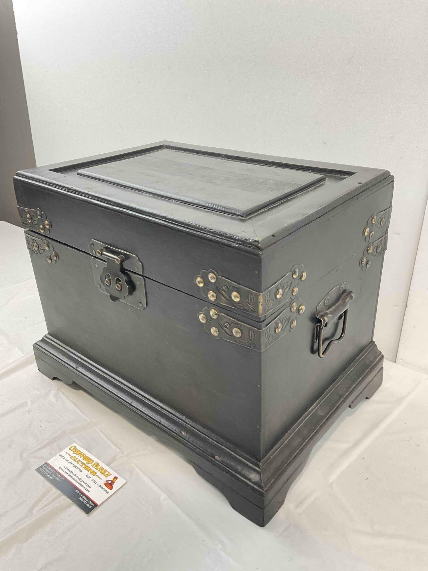 Vintage Asian Style Black Lacquered Wooden Box w/ Metal Accents. Very Good Condition. - 3