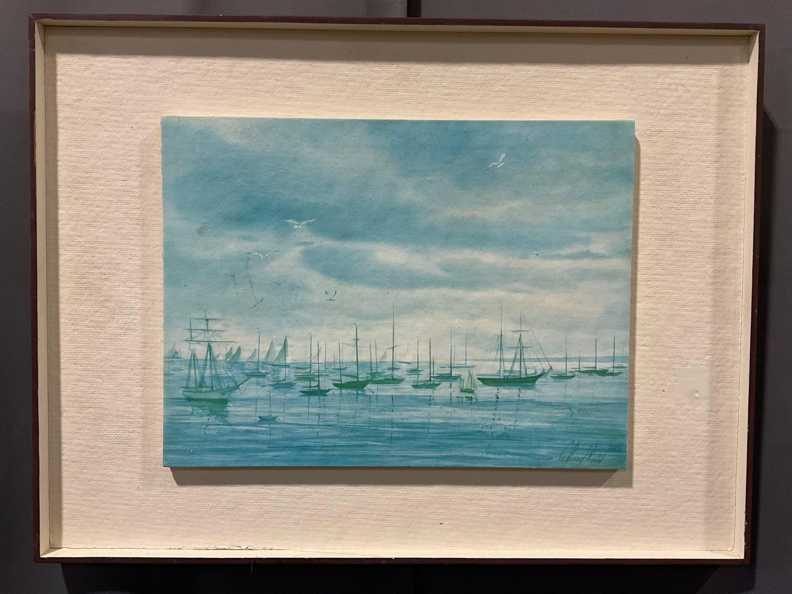 Framed Litho Blue Harbored Ships by C. Robert Perrin, 19h x 26w x 3d inches: Appears to be in good shape. The piece measures approx 19h x 26w x 3d inches. See pics. E-5450