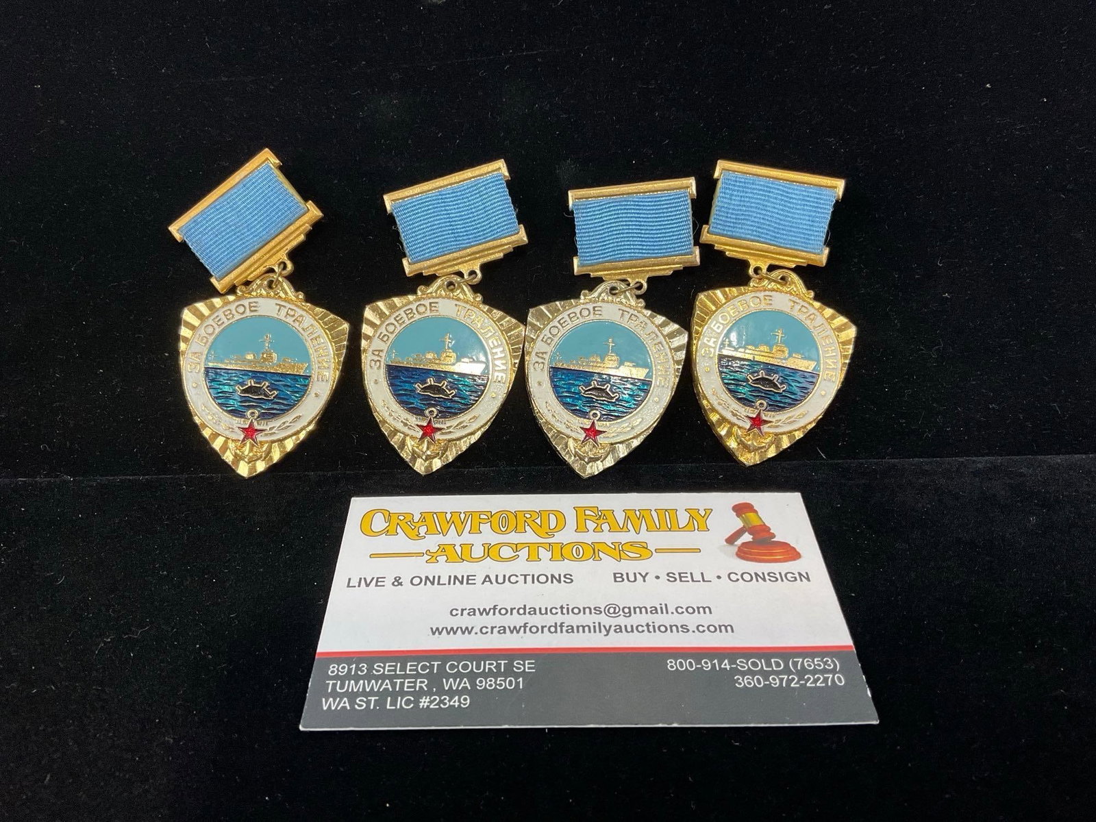 4 Soviet Navy Badges for Combat Minesweeping, 3 silver class & 1 gold class, blue ribbons: All from a single collection, these are briefly described on the tag and were kept in a display. They measure approx 6h x 3w x 2d inches. See pics. E-5300