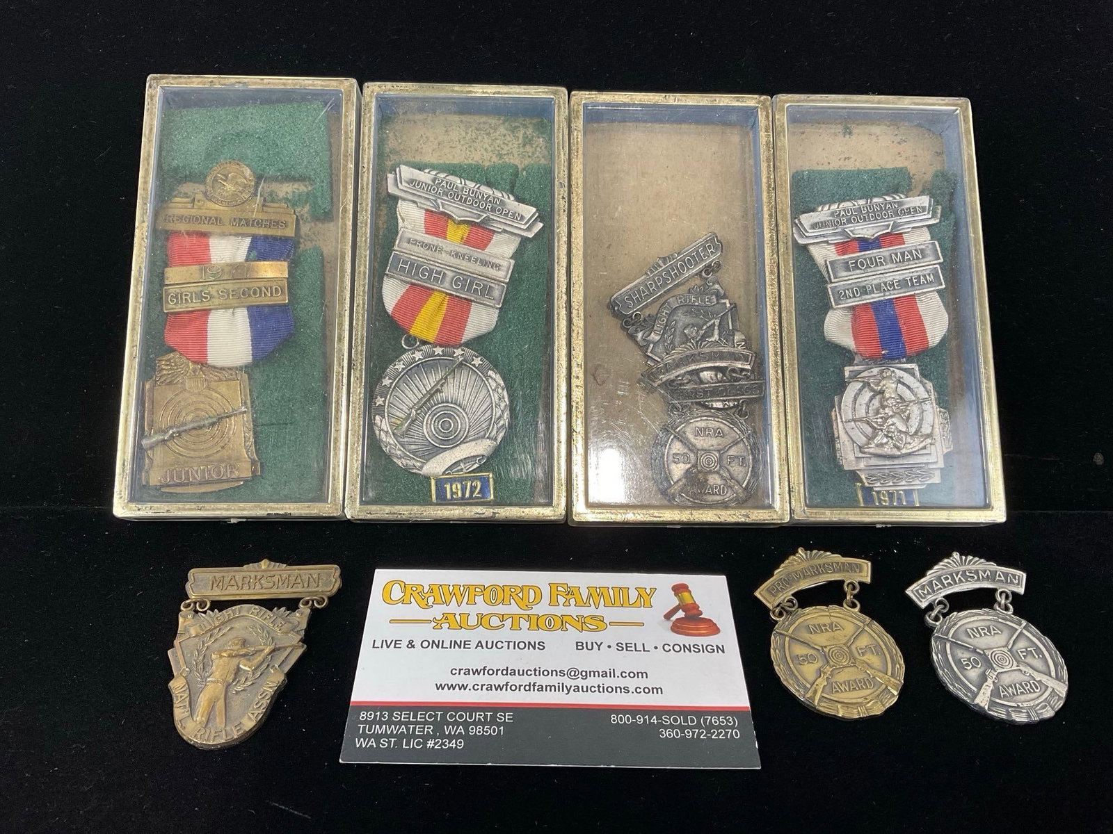 8 Vintage Marksman Awards, Girls, Paul Bunyan Junior, NRA 50 FT Award: All from a single collection, these are briefly described on the tag and were kept in a display. They measure approx 6h x 3w x 2d inches. See pics. E-5300