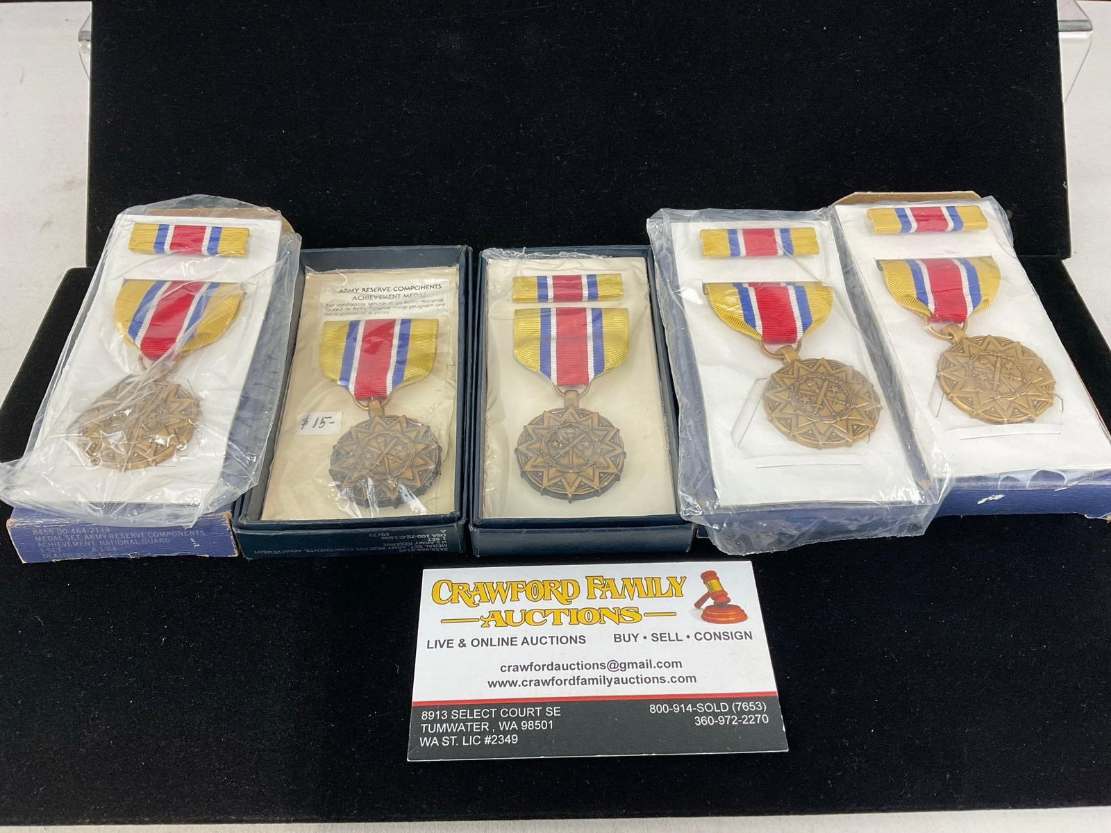 5 Army Reserve Components Achievement Arcam Medals, Yellow/Blue/Red Ribbons: All from a single collection, these are briefly described on the tag and were kept in a display. They measure approx 6h x 3w x 2d inches. See pics. E-5300
