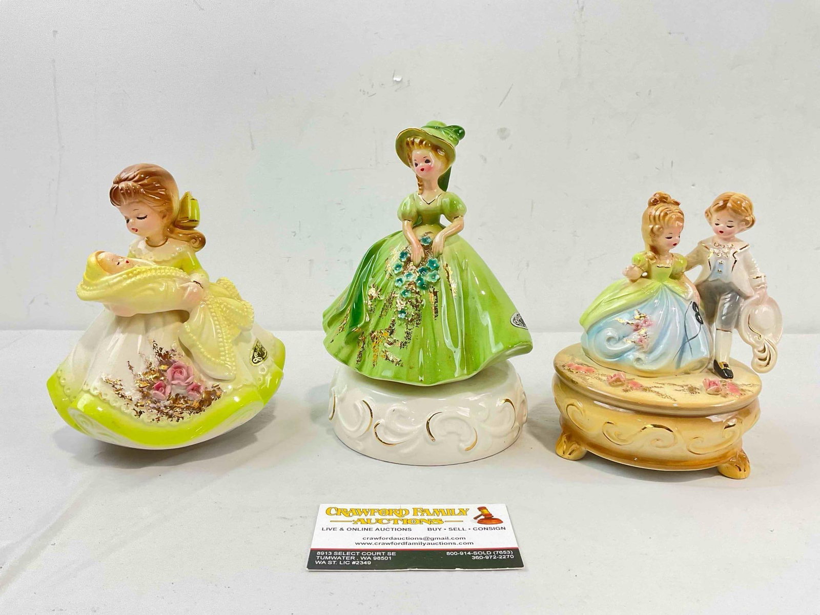 3 pcs Vintage Josef Originals Ceramic Lady Figurine Music Boxes. Fair Condition. See pics.: 3 pcs Vintage Josef Originals Ceramic Lady Figurine Music Boxes. Fair Condition. One is separated from base, have some grime and adhesive residue, otherwise looks to be in fair condition. Fits in box