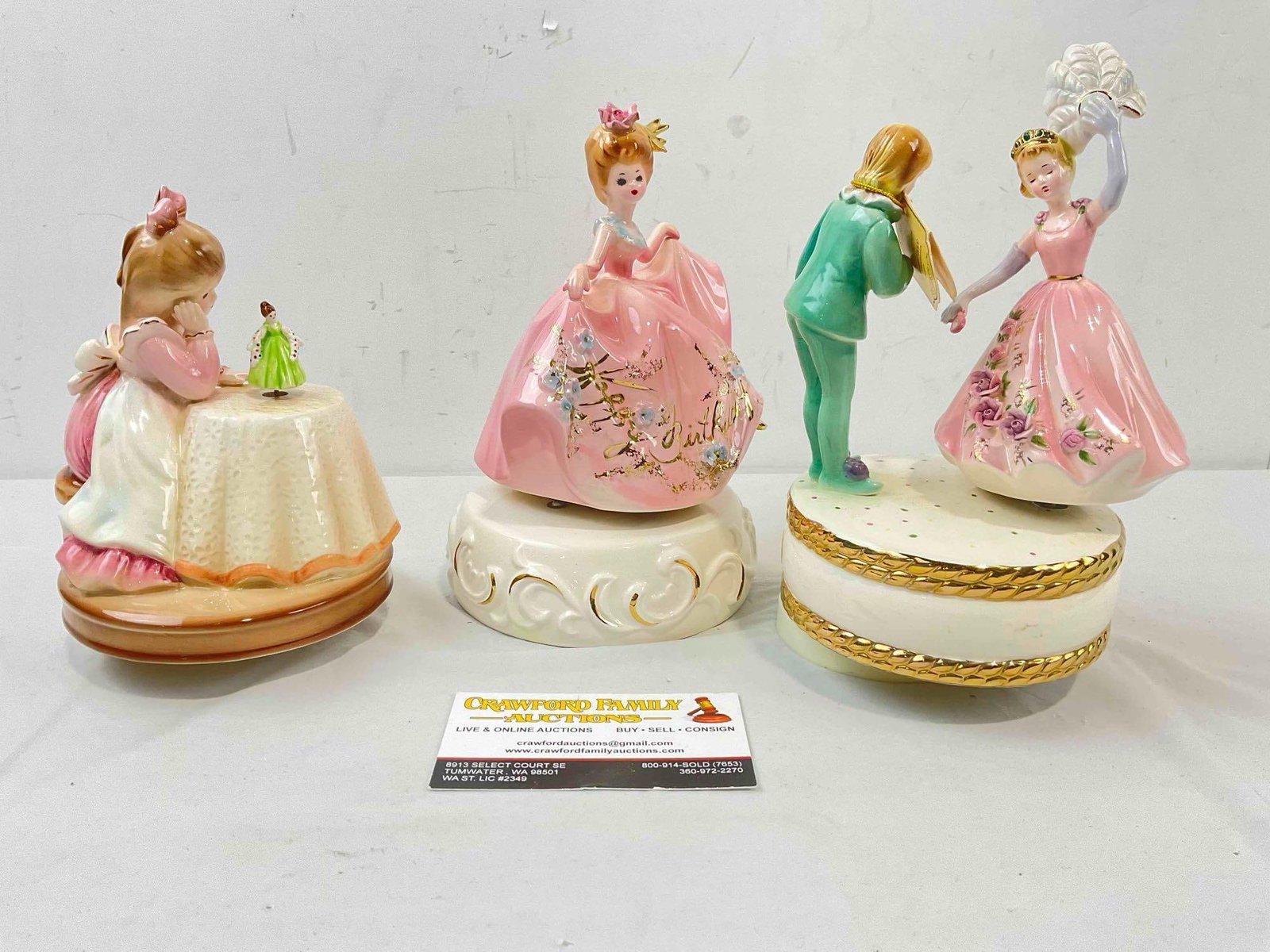 3 pcs Vintage Josef Originals Ceramic Figural Music Boxes, incl. Happy Birthday & More! See pics.: 3 pcs Vintage Josef Originals Ceramic Figural Music Boxes, incl. Happy Birthday & More! Minor adhesive residue and grime, condition otherwise looks to be good. Fits in box measuring 11" x 9" x 6" 