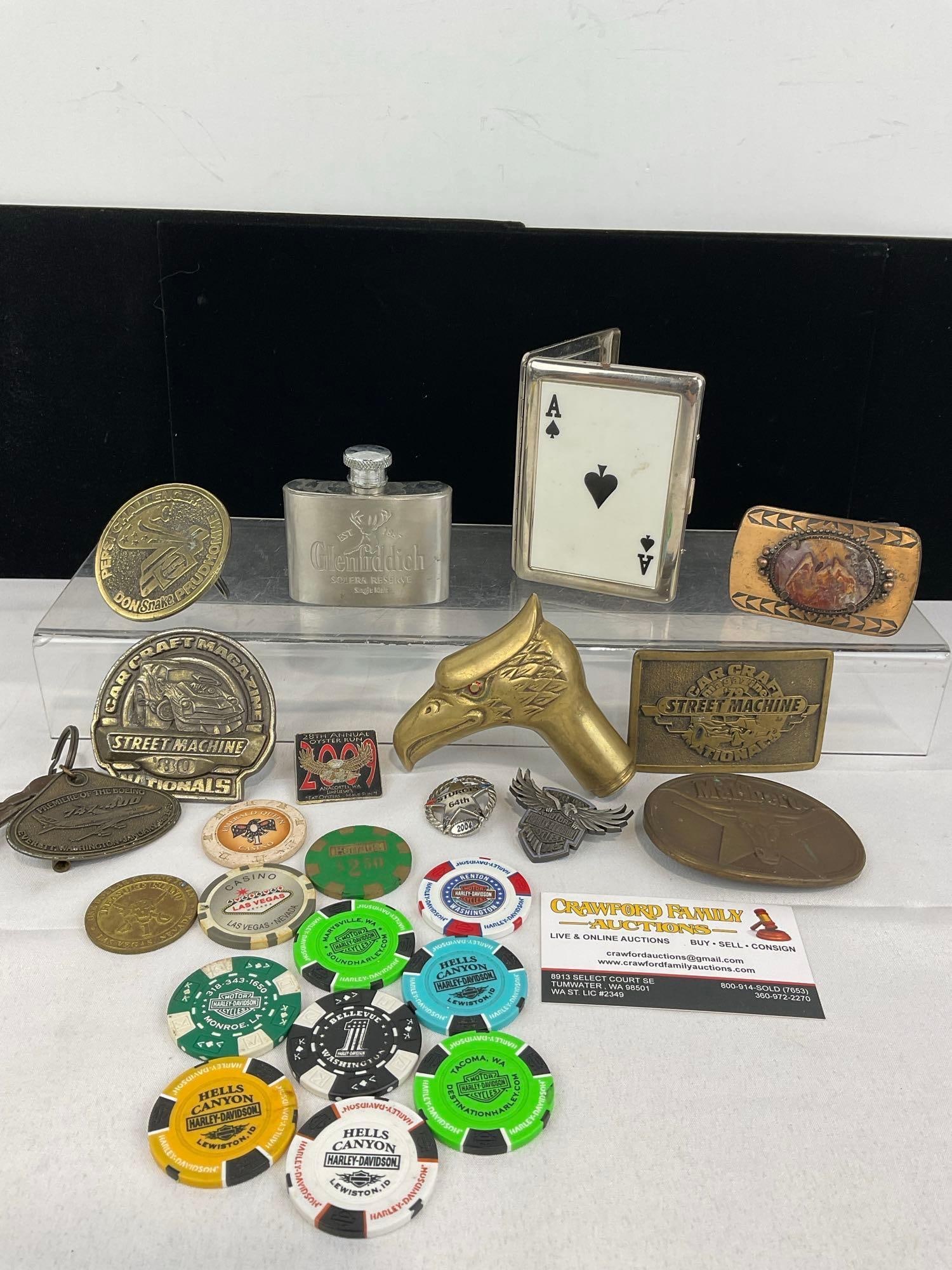 Brass Belt Buckles, Hawk Cane Handle, Harley Davidson chips, 2 Casino Chips, Ace Cigarette Holder &: Glenfiddich small flask, various pins. Appears to be in good shape. The piece measures approx 7h x 10w x 6d inches. See pics. E-5940