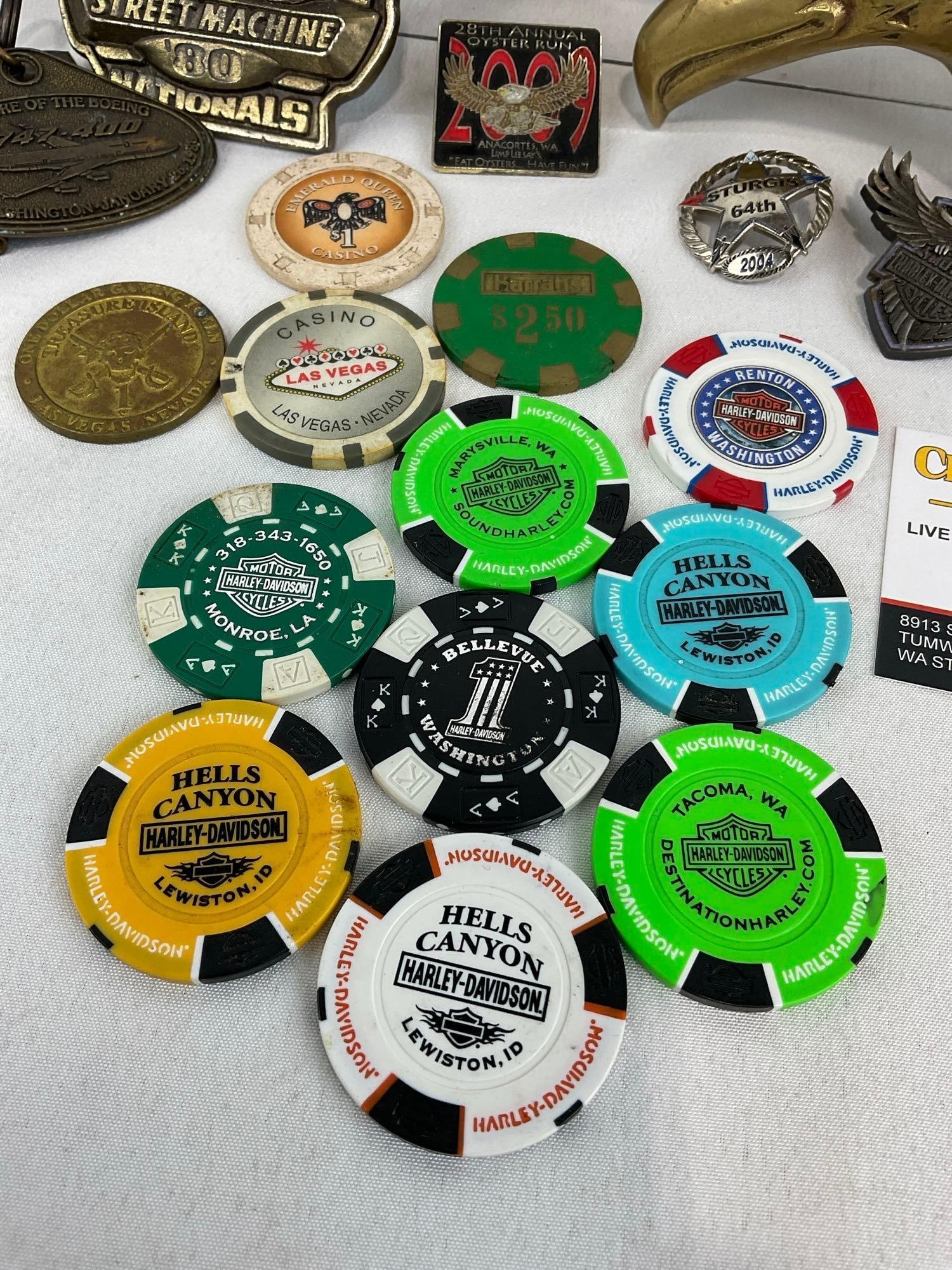 Brass Belt Buckles, Hawk Cane Handle, Harley Davidson chips, 2 Casino Chips, Ace Cigarette Holder & - 2