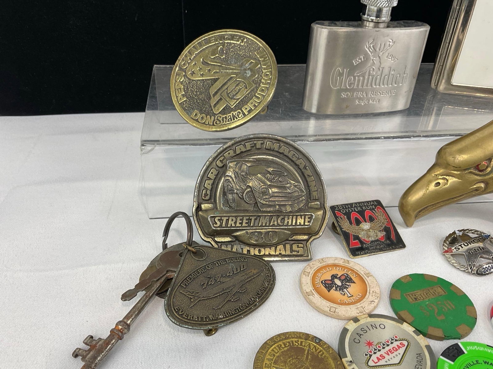 Brass Belt Buckles, Hawk Cane Handle, Harley Davidson chips, 2 Casino Chips, Ace Cigarette Holder & - 3