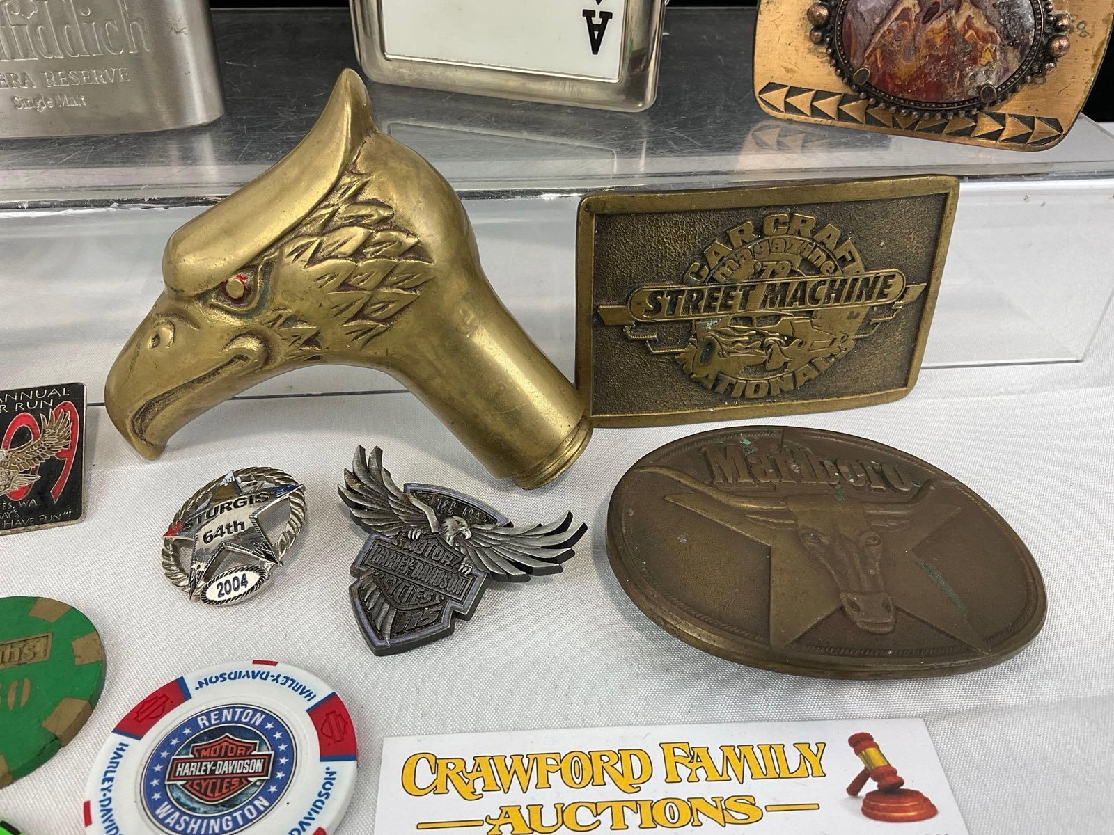 Brass Belt Buckles, Hawk Cane Handle, Harley Davidson chips, 2 Casino Chips, Ace Cigarette Holder & - 4