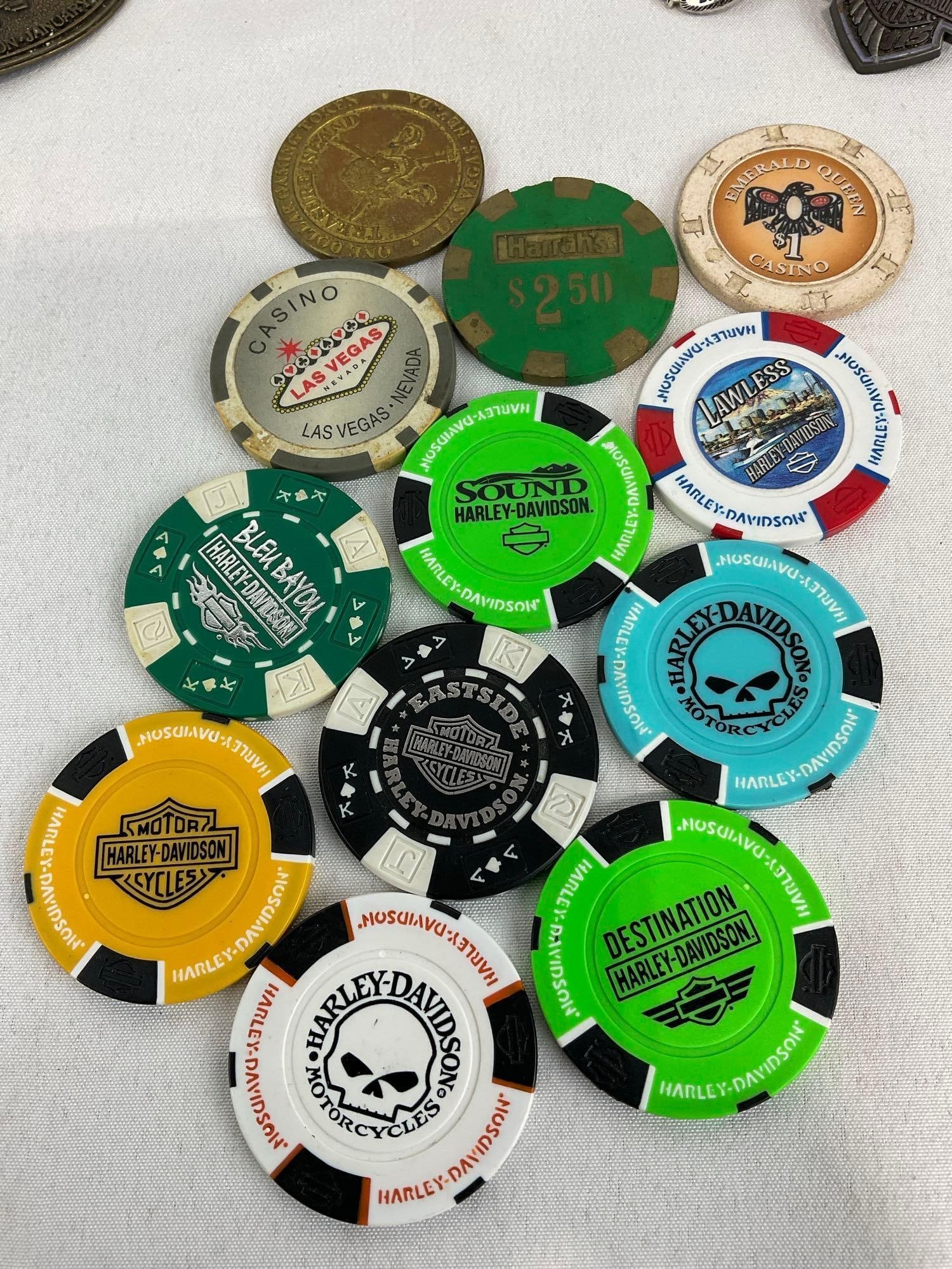 Brass Belt Buckles, Hawk Cane Handle, Harley Davidson chips, 2 Casino Chips, Ace Cigarette Holder & - 6